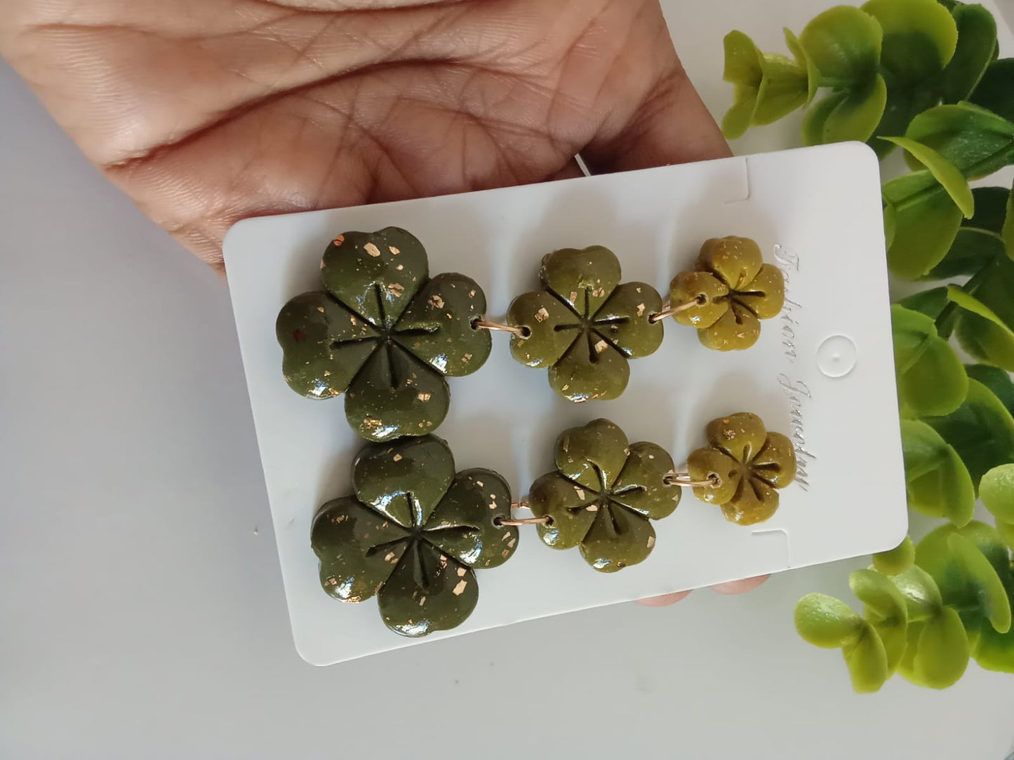 Handmade Polymer Clay Dangle Earring Boho Statement Patrick's Four Clover Earring