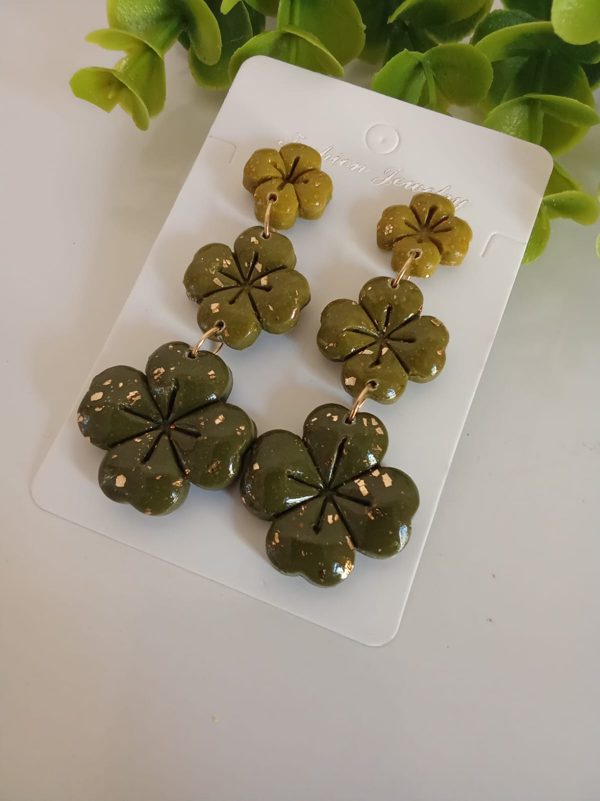 Handmade Polymer Clay Dangle Earring Boho Statement Patrick's Four Clover Earring