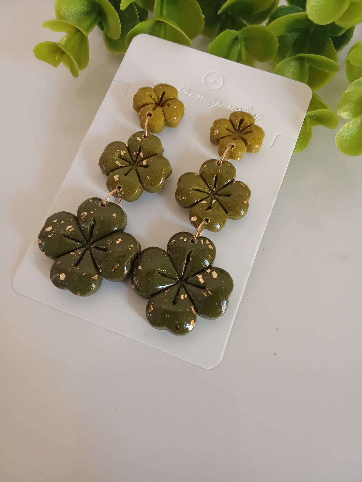 Handmade Polymer Clay Dangle Earring Boho Statement Patrick's Four Clover Earring