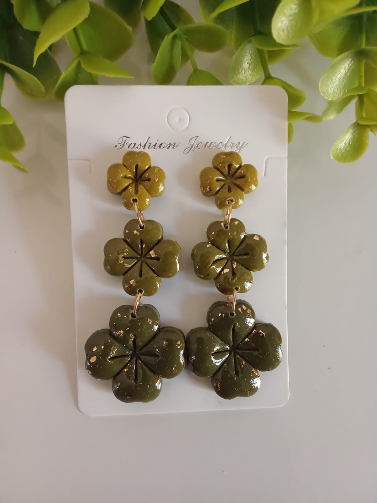 Handmade Polymer Clay Dangle Earring Boho Statement Patrick's Four Clover Earring