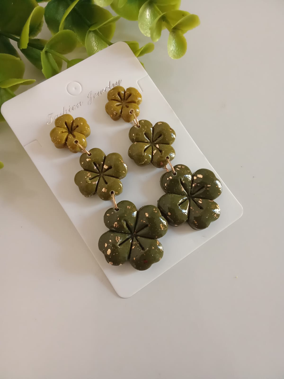 Handmade Polymer Clay Dangle Earring Boho Statement Patrick's Four Clover Earring