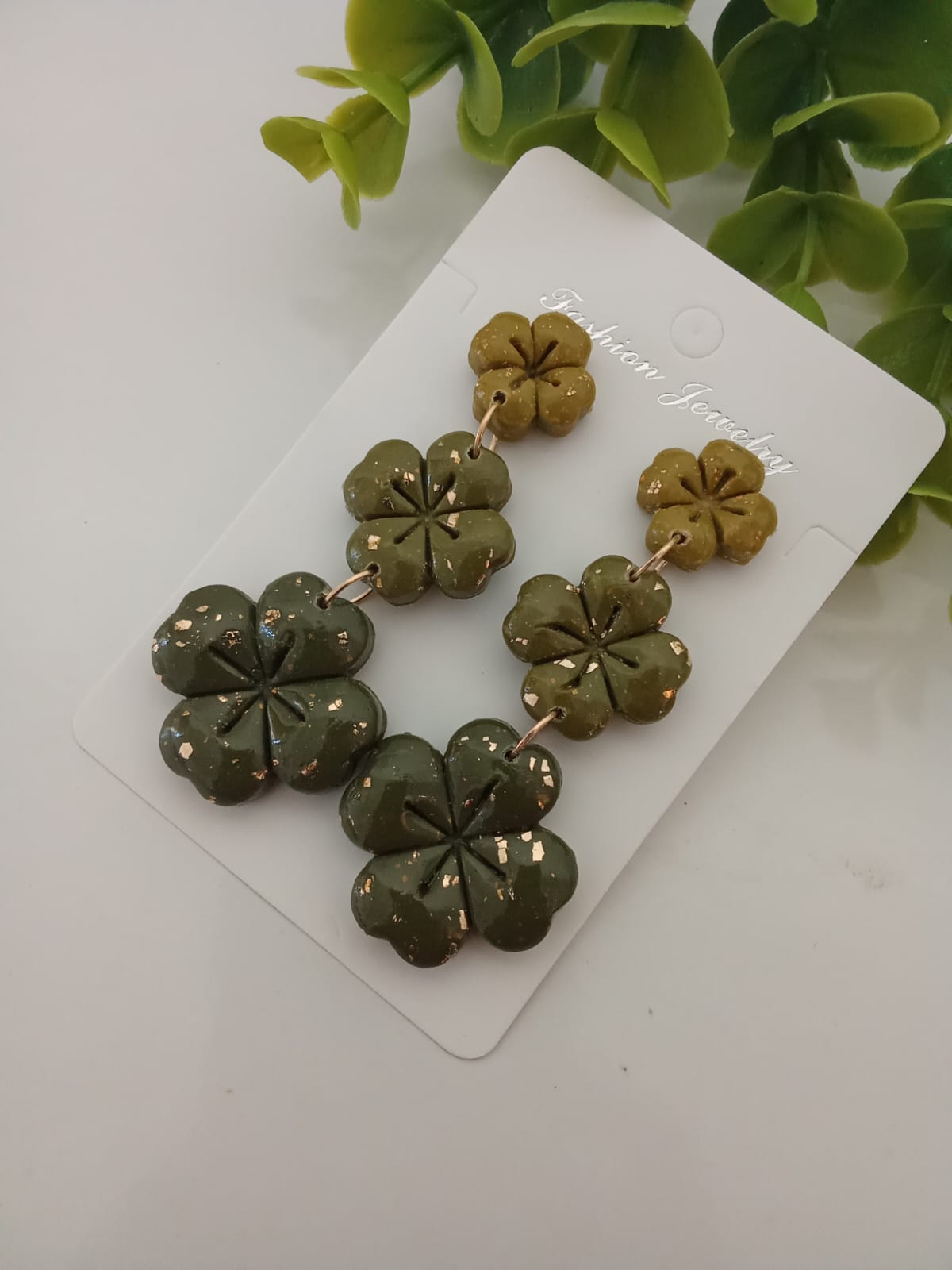 Handmade Polymer Clay Dangle Earring Boho Statement Patrick's Four Clover Earring