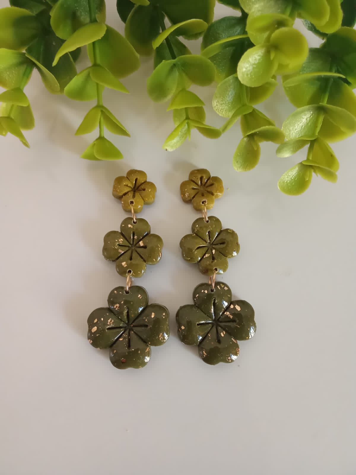 Handmade Polymer Clay Dangle Earring Boho Statement Patrick's Four Clover Earring