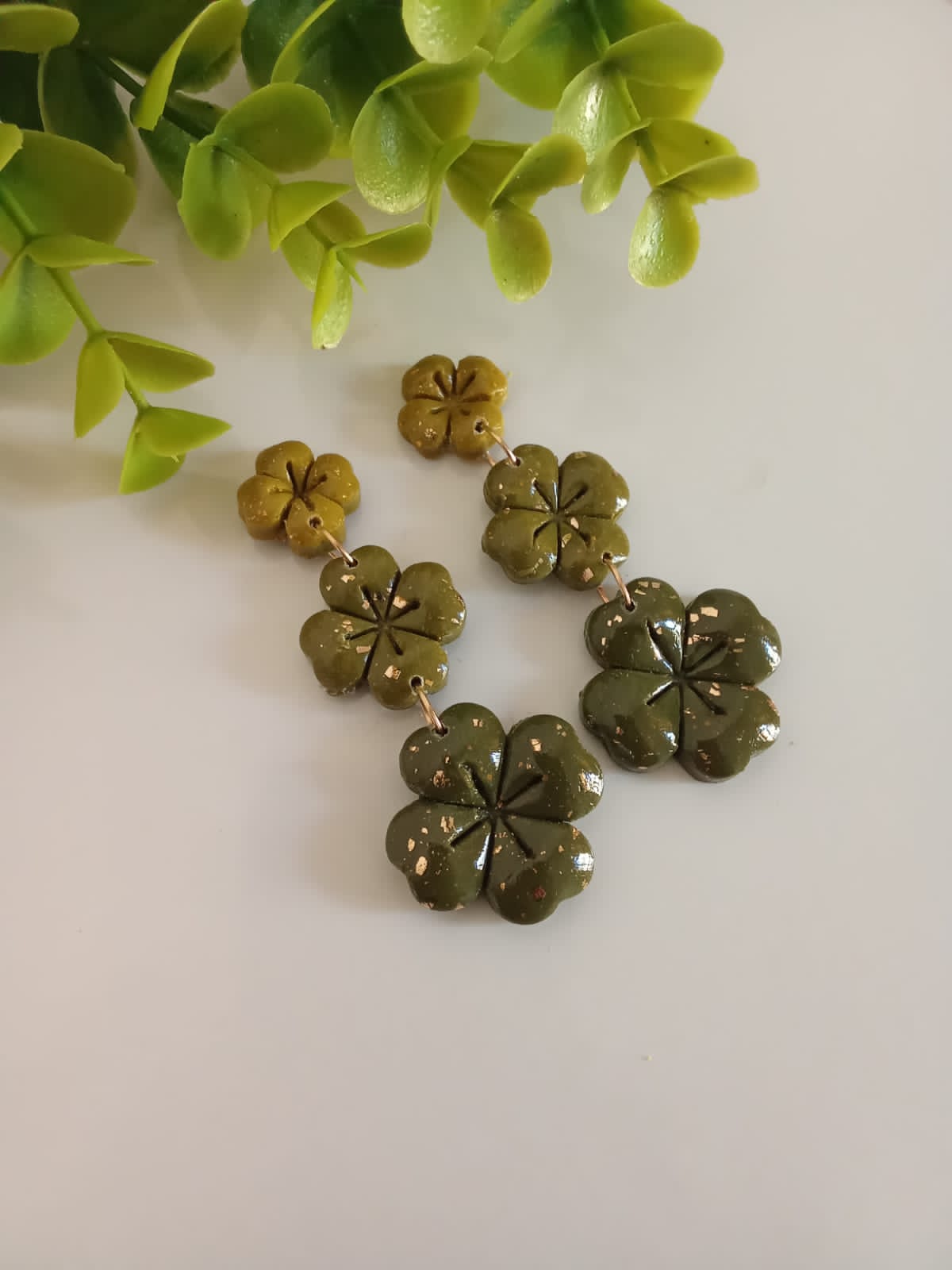 Handmade Polymer Clay Dangle Earring Boho Statement Patrick's Four Clover Earring