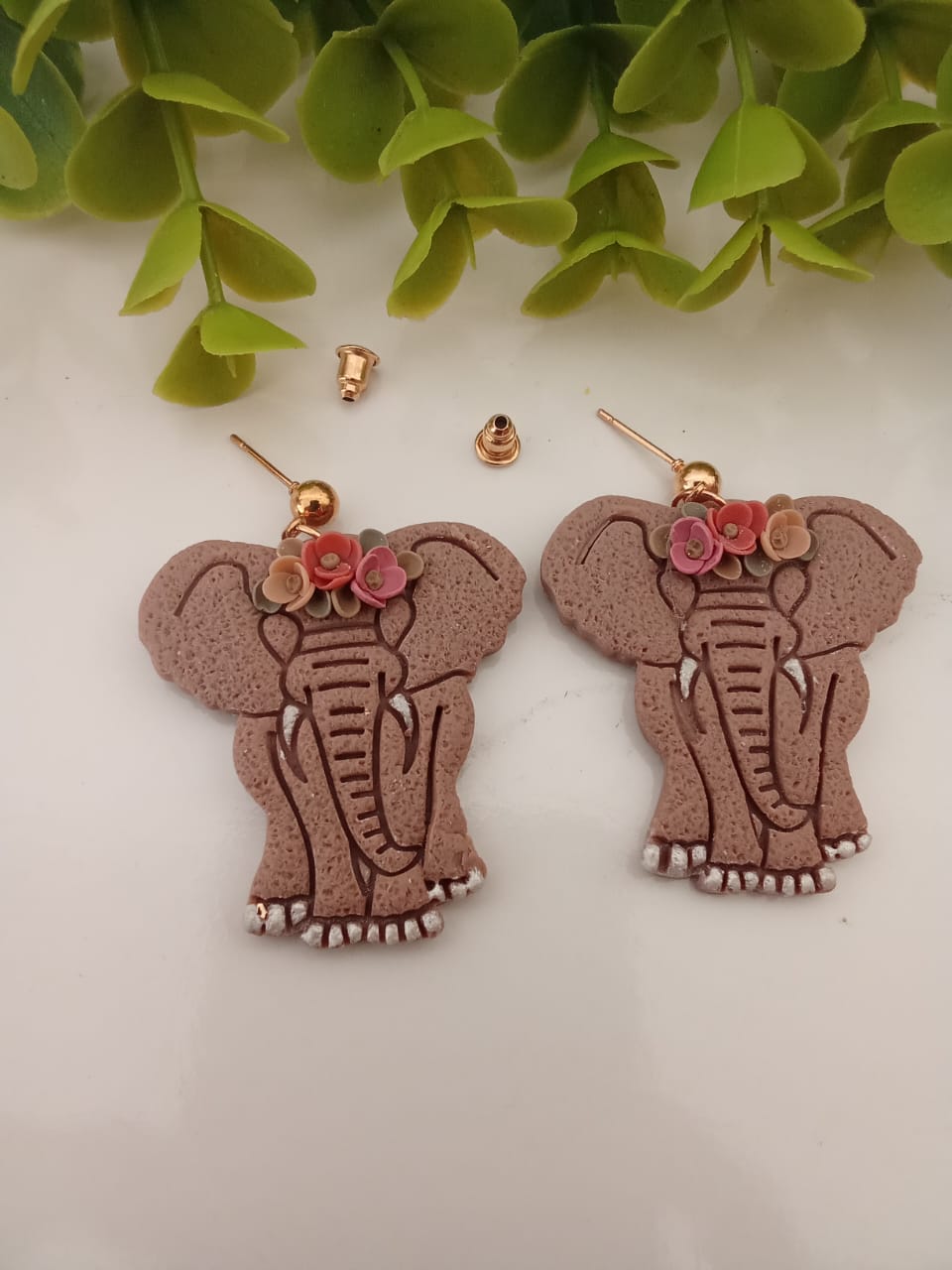 Handmade Polymer Clay Elephant Earring Dangle Boho Floral Unique gift