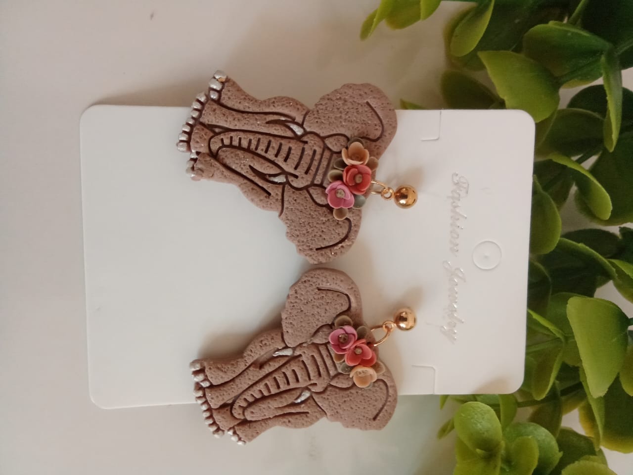 Handmade Polymer Clay Elephant Earring Dangle Boho Floral Unique gift