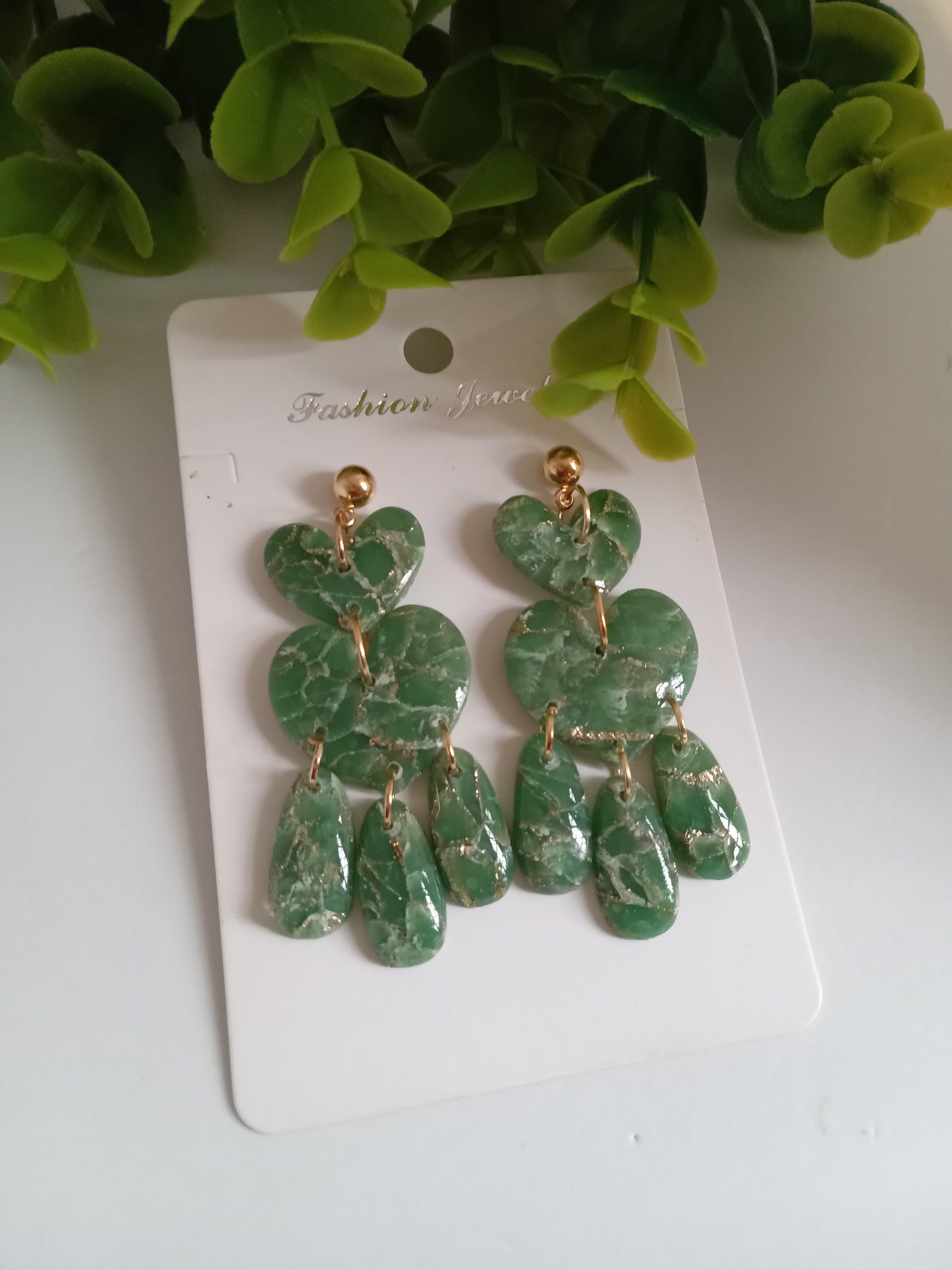 Green Marble Statement Dangle Earrings – Handmade Lightweight Drop Earrings for Women, Elegant Boho Jewelry Gift