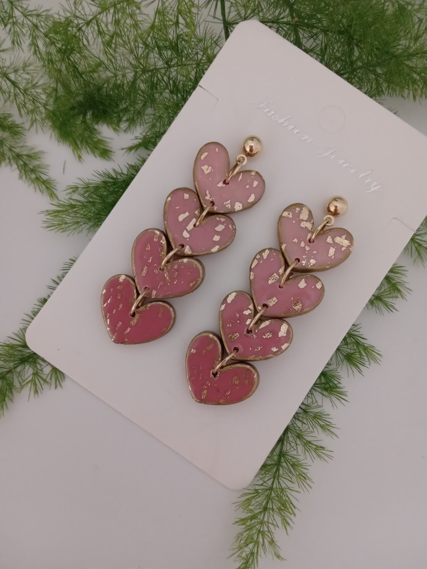 Handmade Pink Heart Drop Earrings with Gold Leaf- Romantic Statement Jewelry for Women