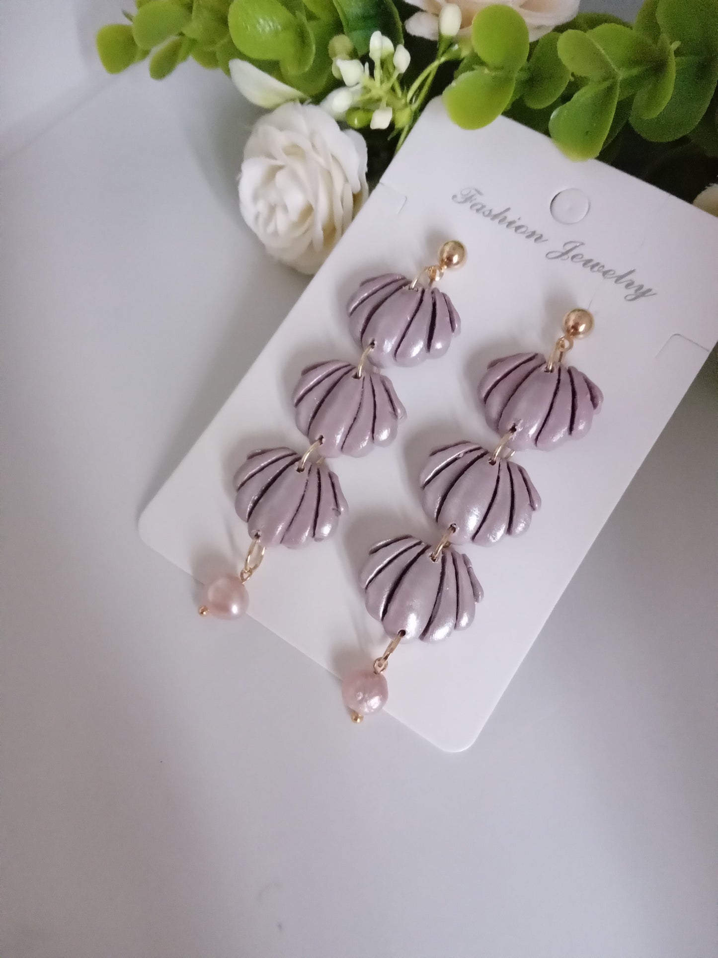 Handmade Lilac Shell Earrings - Fresh Water Pearl Statement Jewelry