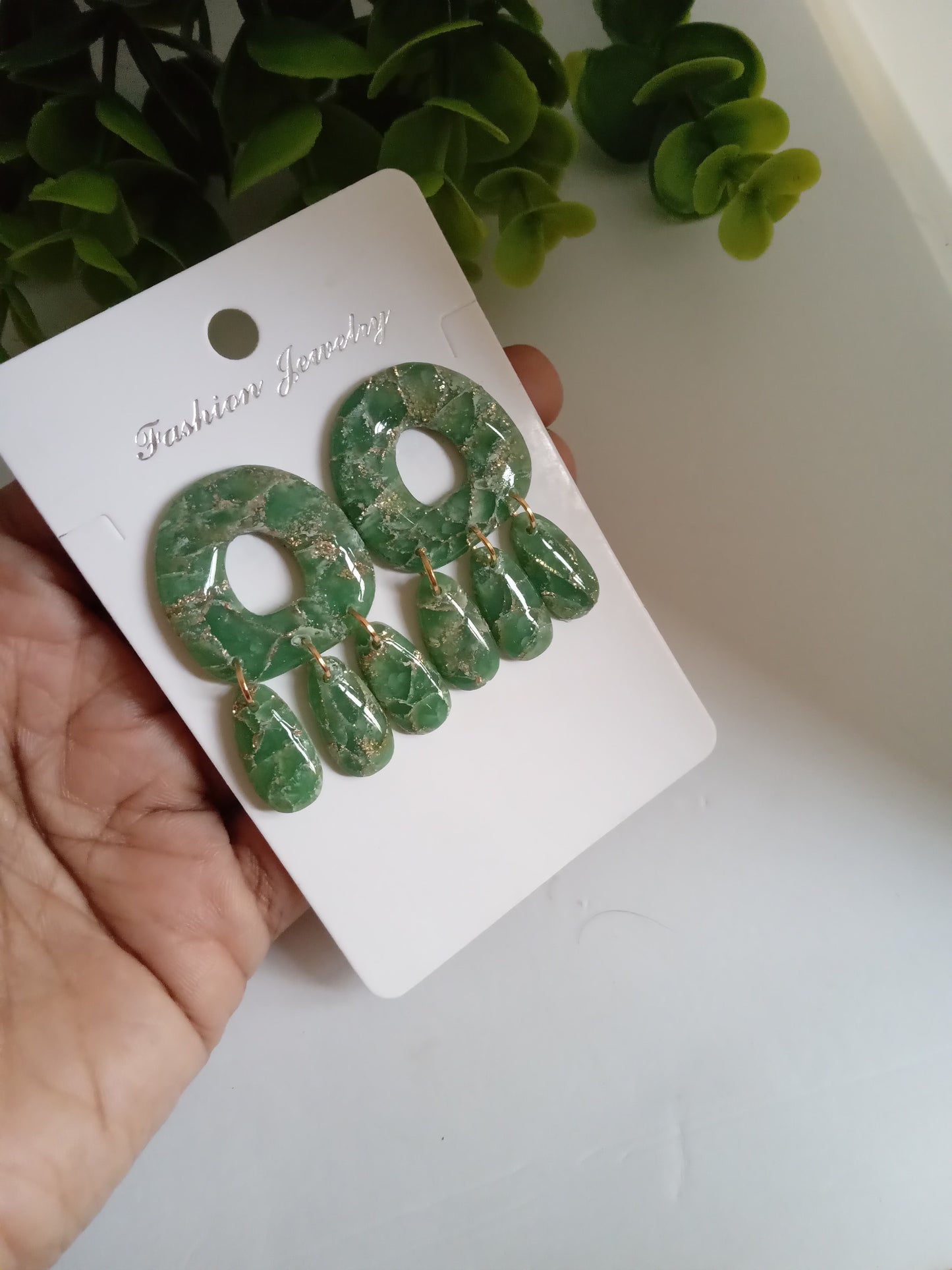 Green Marble Statement Dangle Earrings – Handmade Lightweight Drop Earrings for Women, Elegant Boho Jewelry Gift