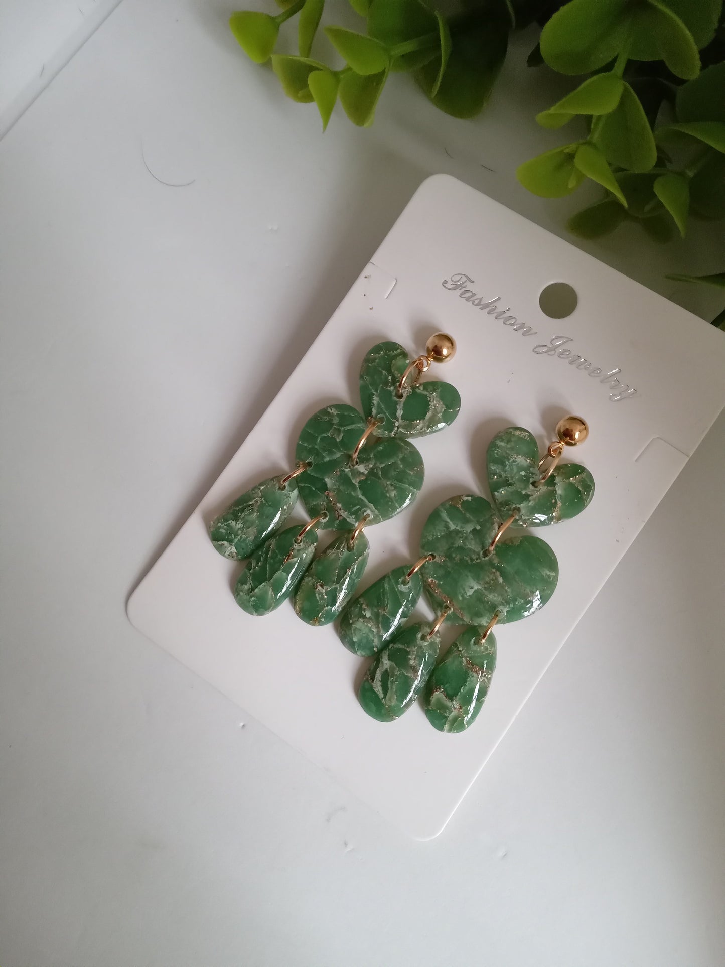 Green Marble Statement Dangle Earrings – Handmade Lightweight Drop Earrings for Women, Elegant Boho Jewelry Gift