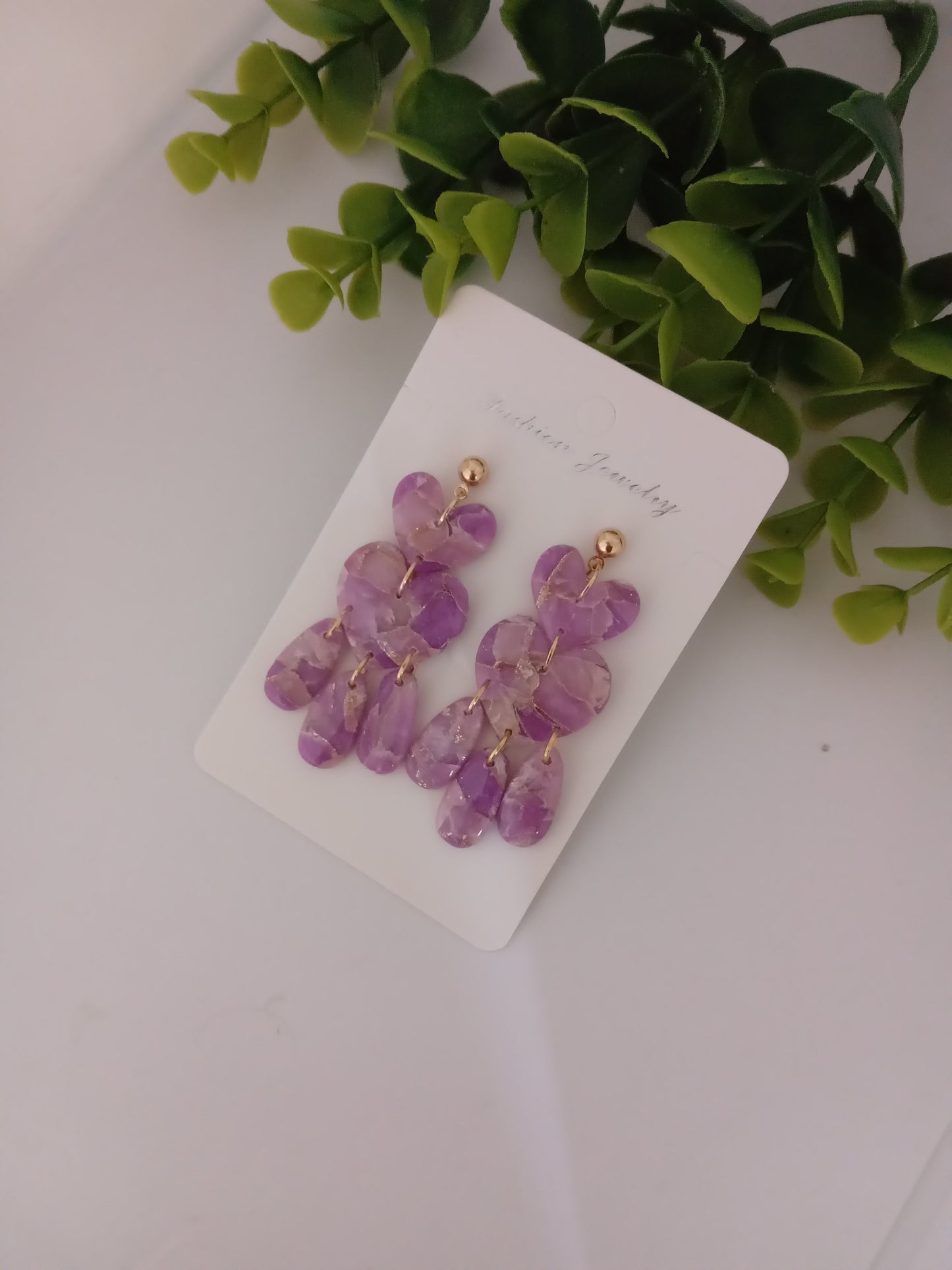 Purple Marble Heart Dangle Earrings - Lightweight Clay Statement Jewelry