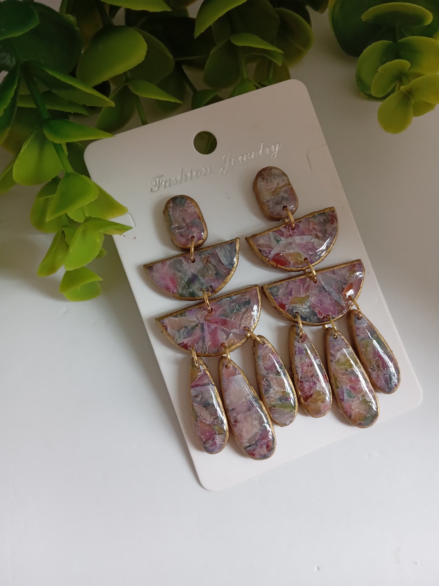 Handmade Statement Dangle Earrings – Colorful Marble Floral Resin, Lightweight Drop Earrings with Gold Trim