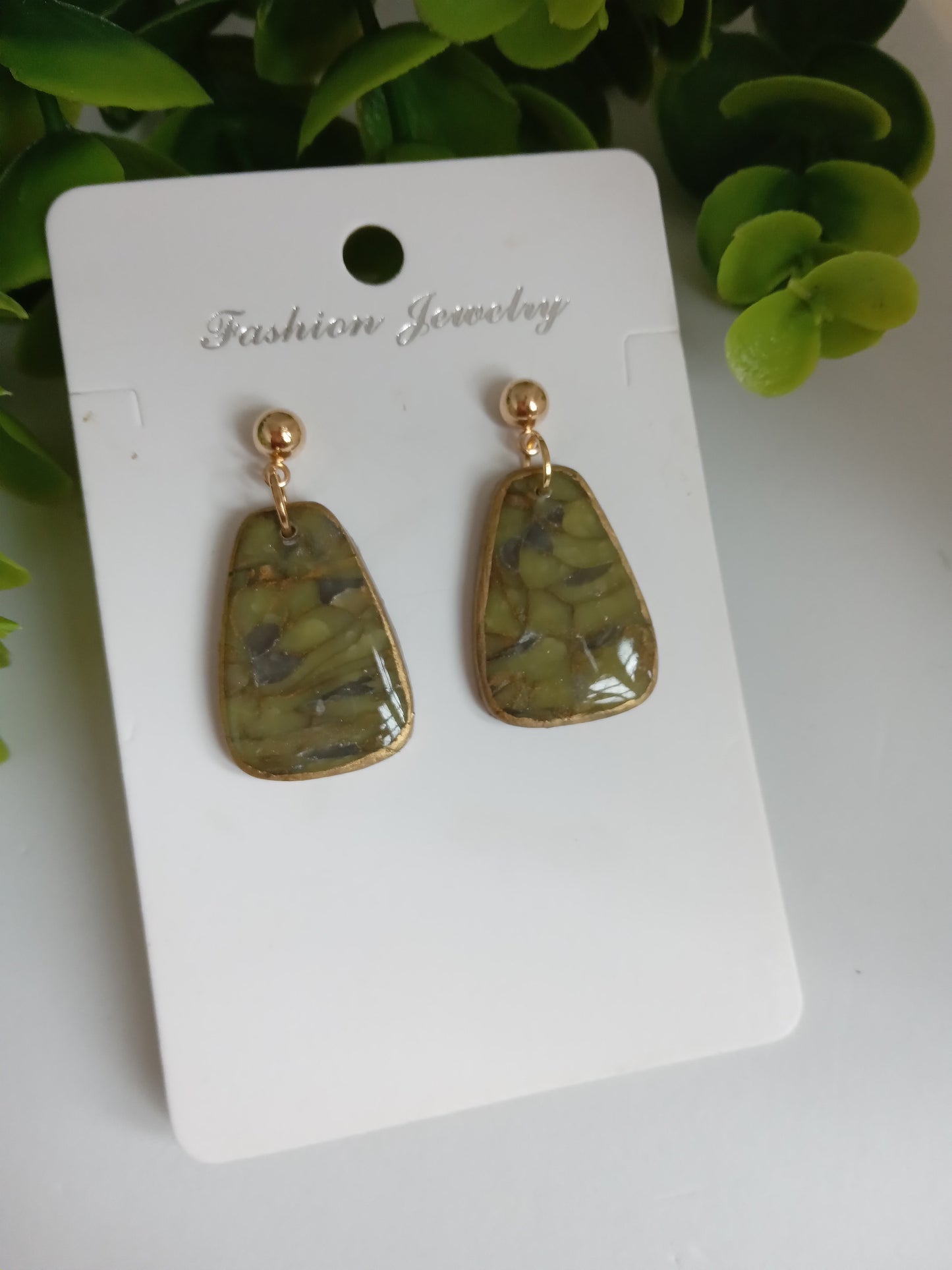 Handmade Green Marble Statement Drop Earrings – Lightweight Geometric Jewelry for Women, Elegant Everyday or Party Wear
