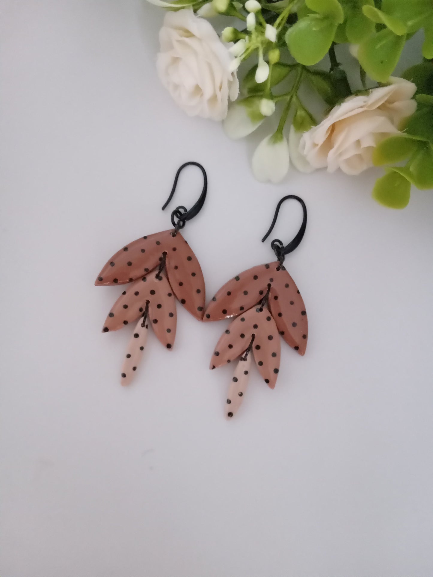 Polka Dot Leaf Dangle Earrings - Handmade Polymer Clay Jewelry