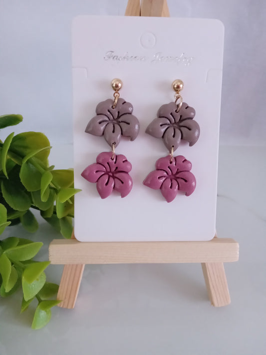 Handmade Floral Dangle Earrings – Unique Polymer Clay Flower Earrings, Brown & Purple, Lightweight Statement Jewelry