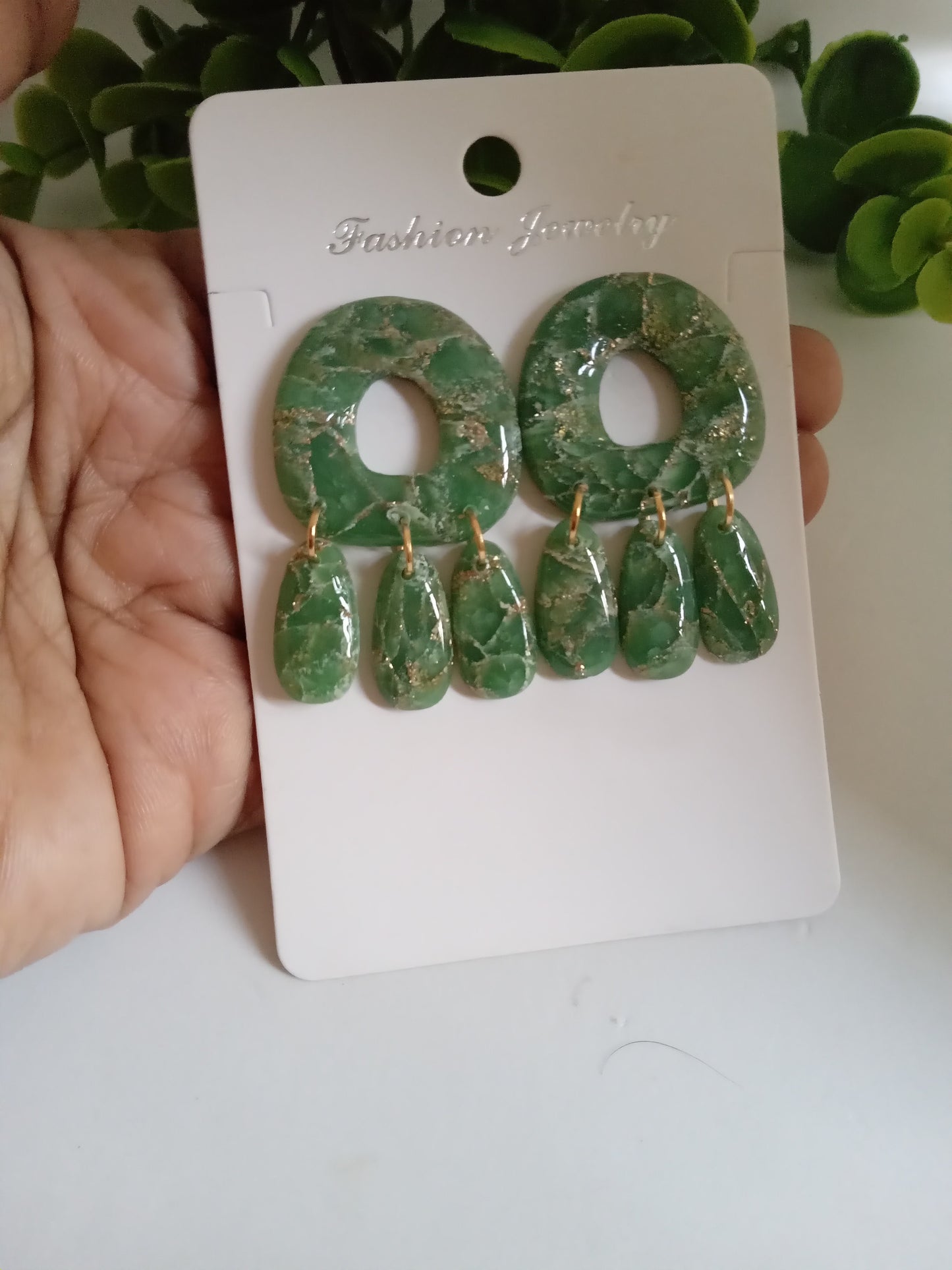 Green Marble Statement Dangle Earrings – Handmade Lightweight Drop Earrings for Women, Elegant Boho Jewelry Gift