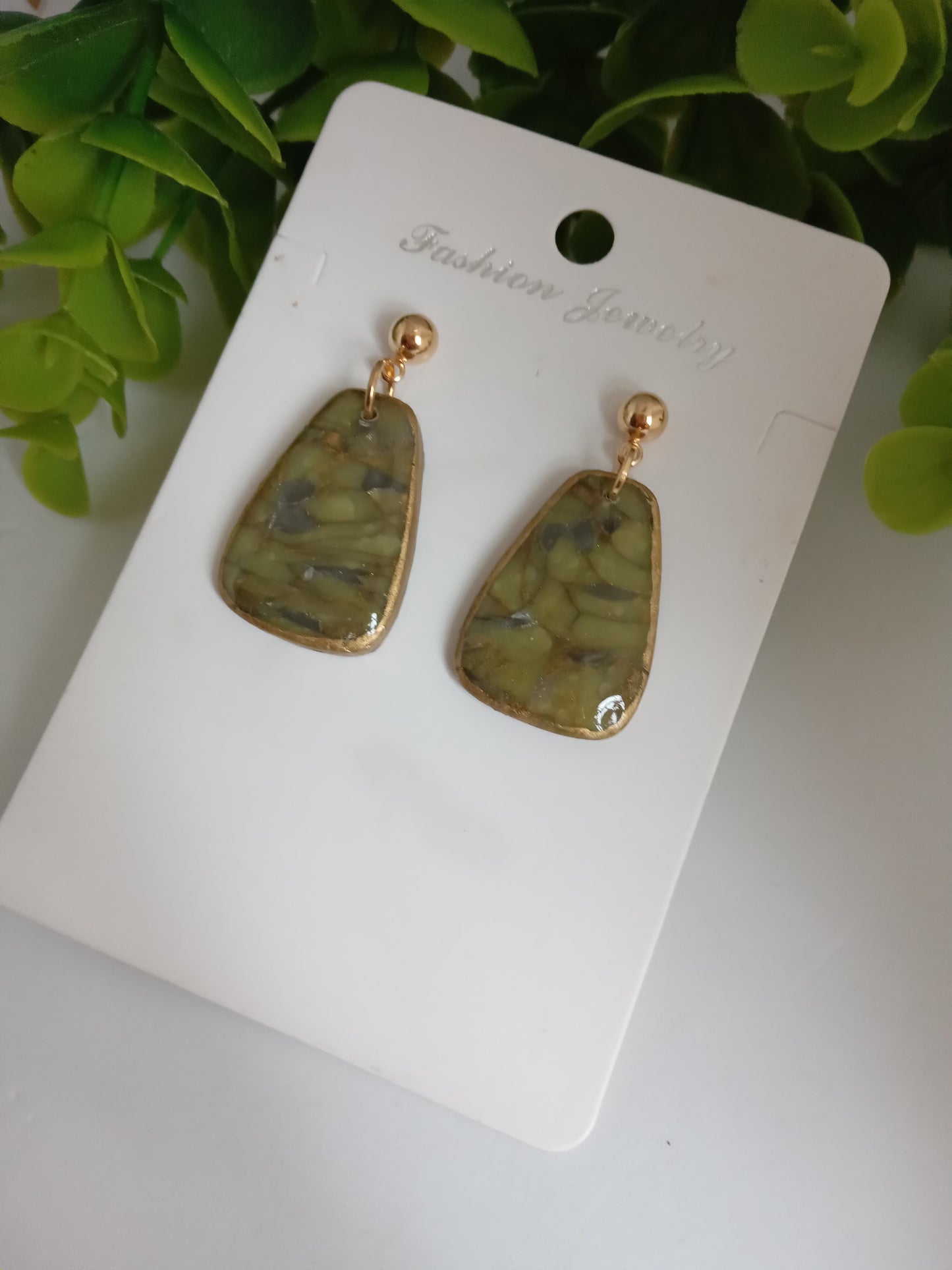 Handmade Green Marble Statement Drop Earrings – Lightweight Geometric Jewelry for Women, Elegant Everyday or Party Wear