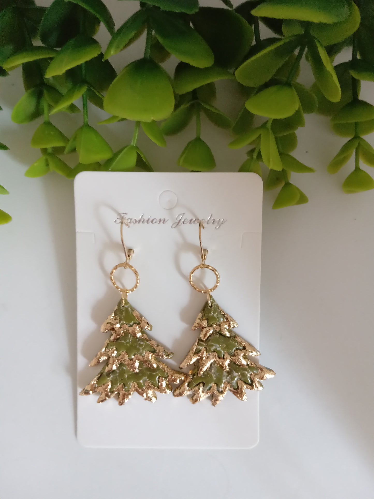 Bold Christmas Tree Earrings with Gold Foil- Handmade Holiday Jewelry for Women