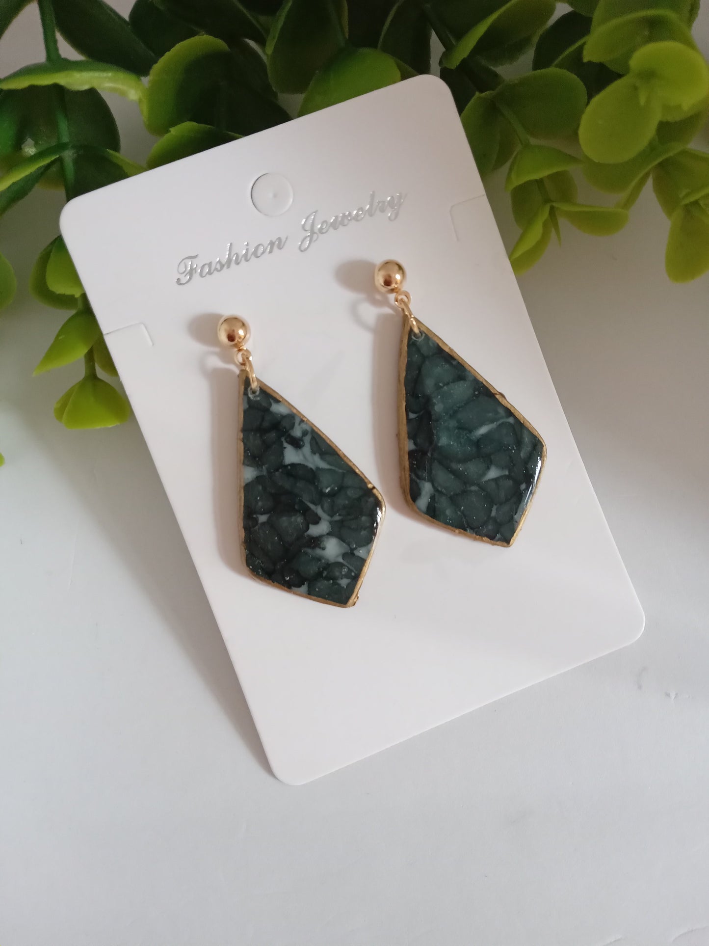 Handmade Dark Green Stone Diamond Drops Earrings - Lightweight Statement Earrings
