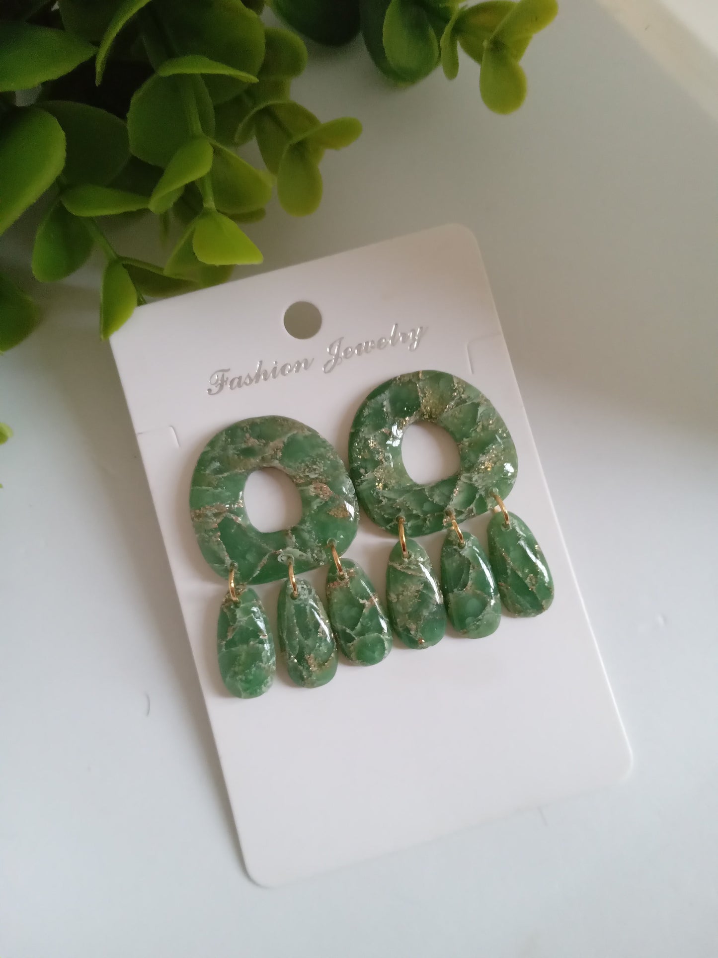 Green Marble Statement Dangle Earrings – Handmade Lightweight Drop Earrings for Women, Elegant Boho Jewelry Gift