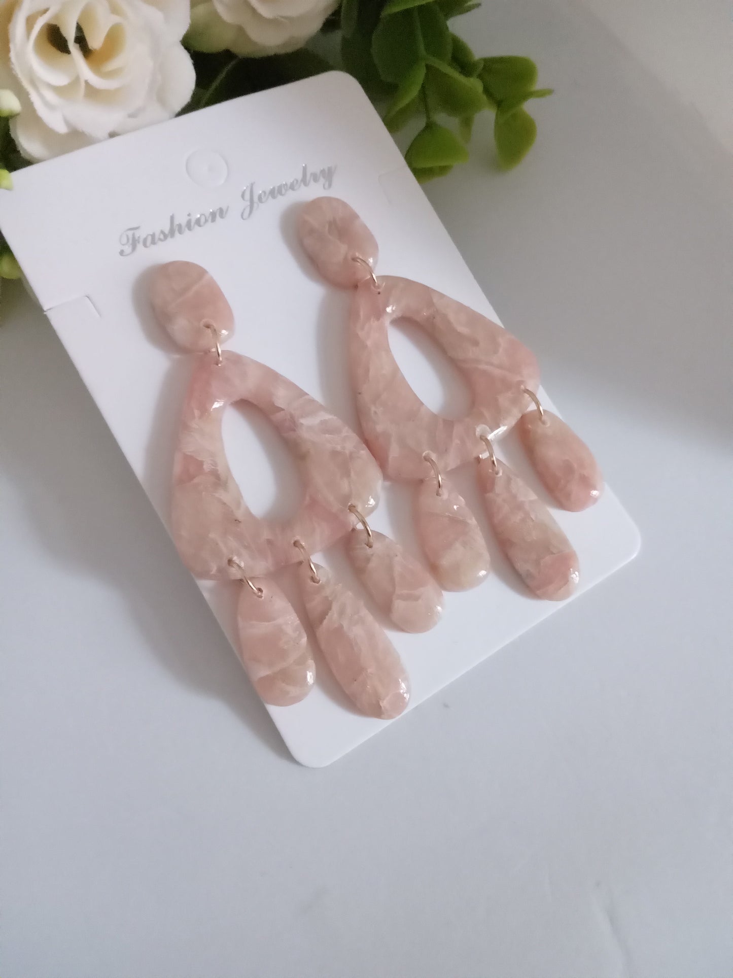 Blush Pink Statement Polymer Clay Earrings - Lightweight Dangle Jewelry