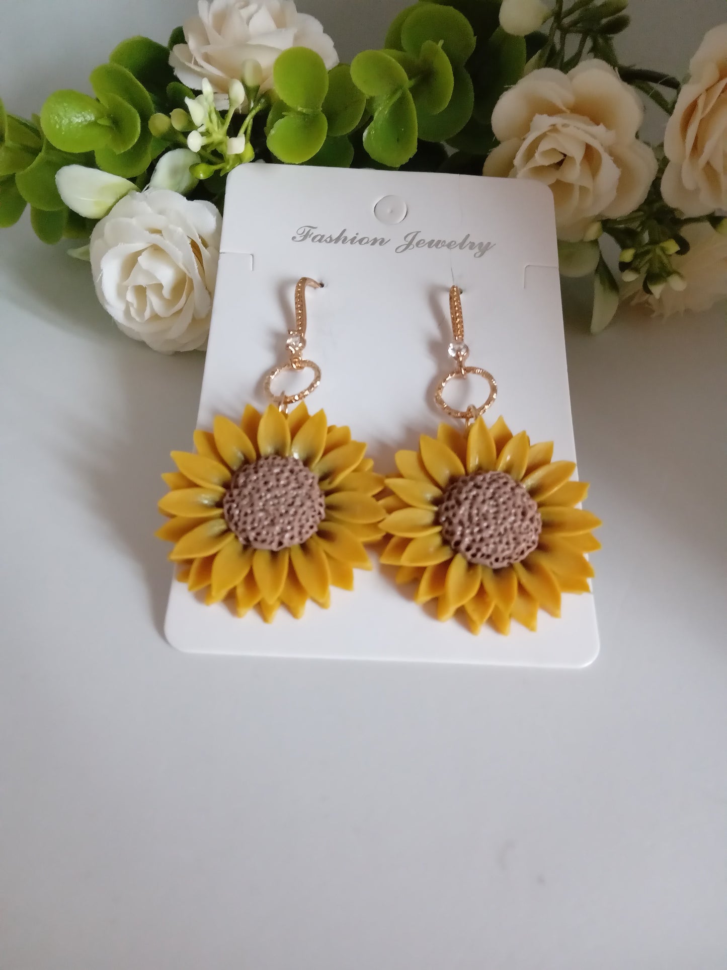 Sunflower Dangle Earrings - Handmade Yellow Clay Flower Jewelry
