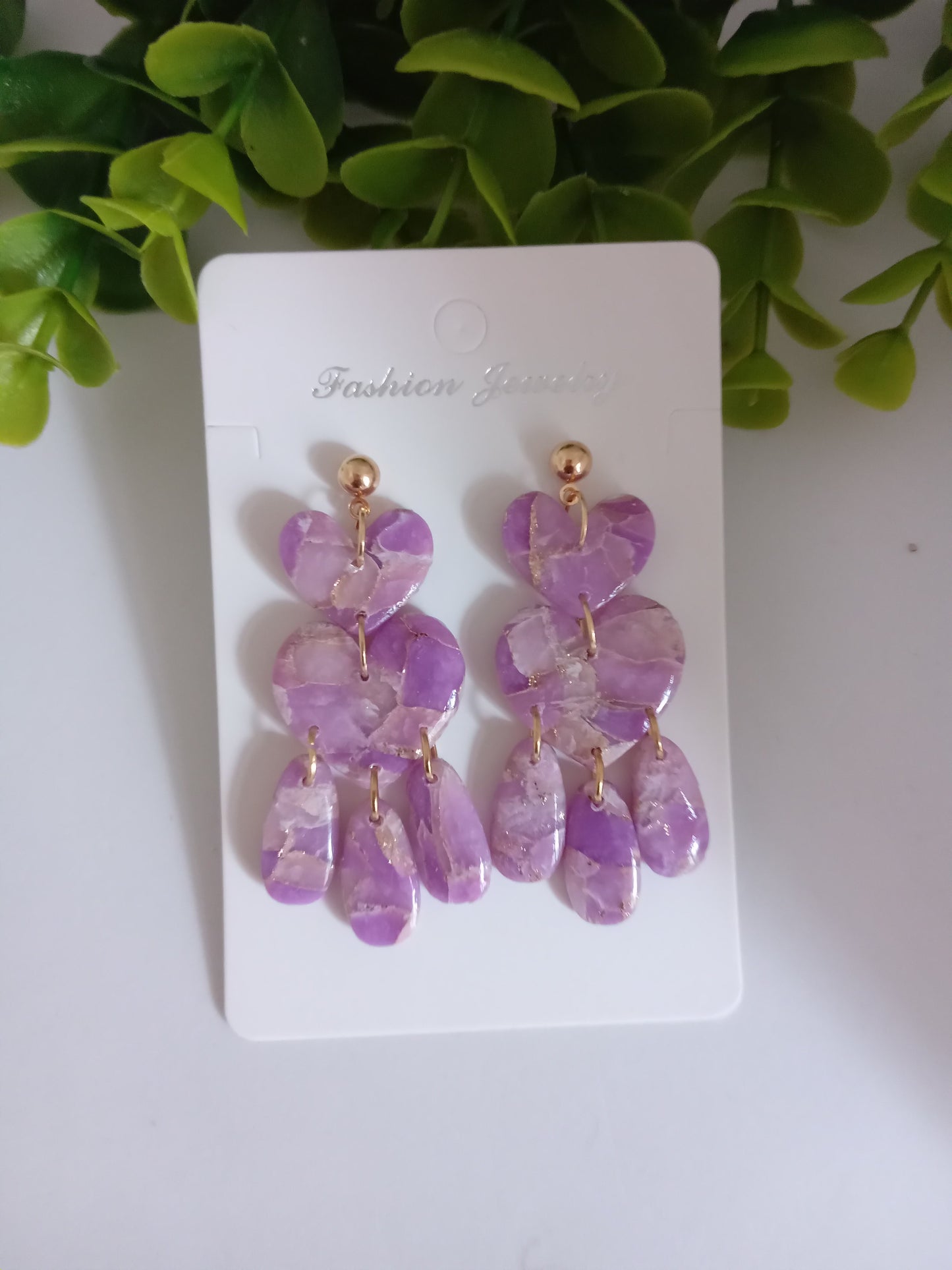 Purple Marble Heart Dangle Earrings - Lightweight Clay Statement Jewelry