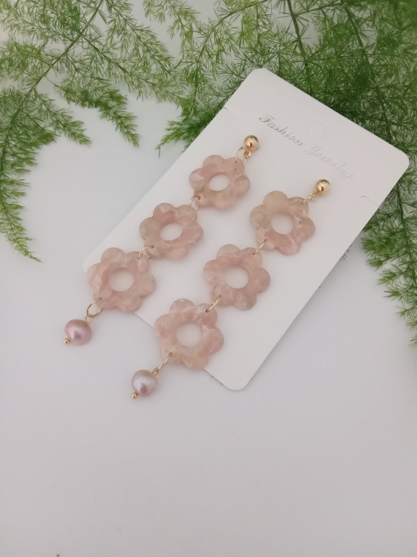 Handmade Pink Flower Earrings with Fresh Water Pearl - Lightweight Floral Dangle Jewelry for Women