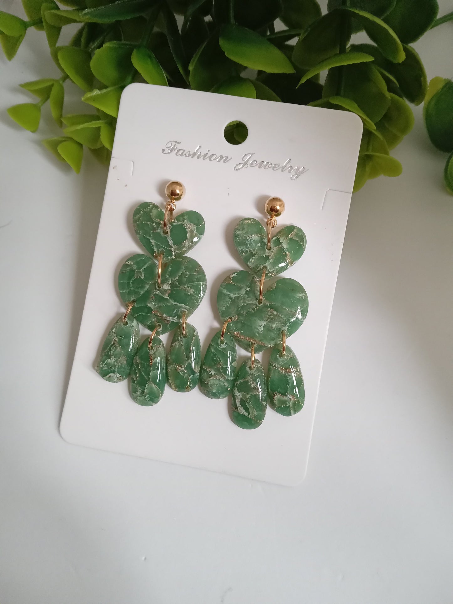Green Marble Statement Dangle Earrings – Handmade Lightweight Drop Earrings for Women, Elegant Boho Jewelry Gift