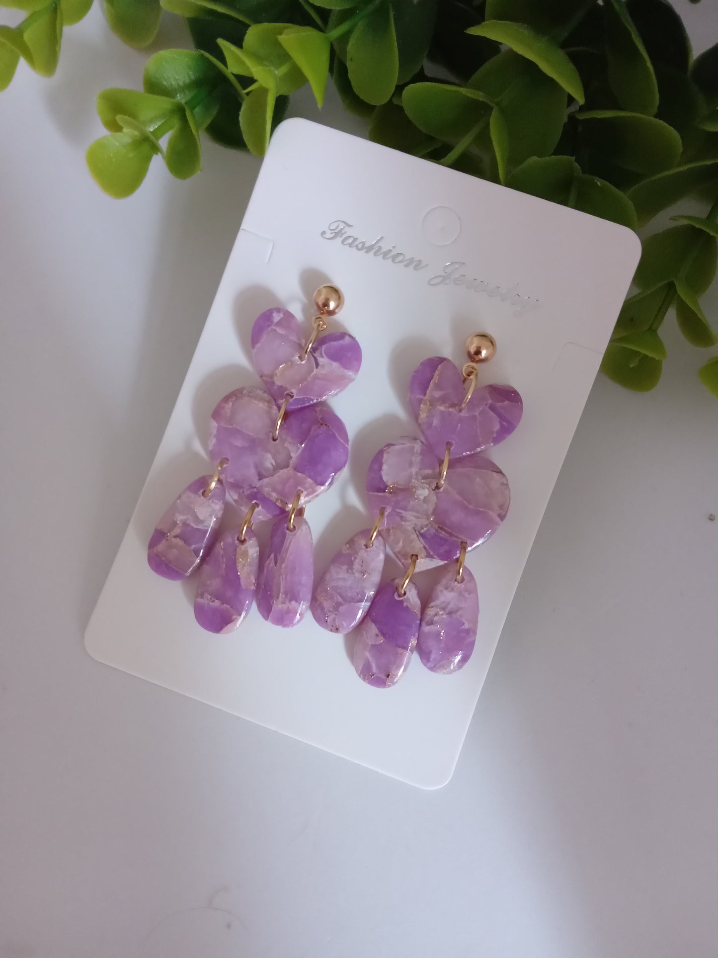 Purple Marble Heart Dangle Earrings - Lightweight Clay Statement Jewelry