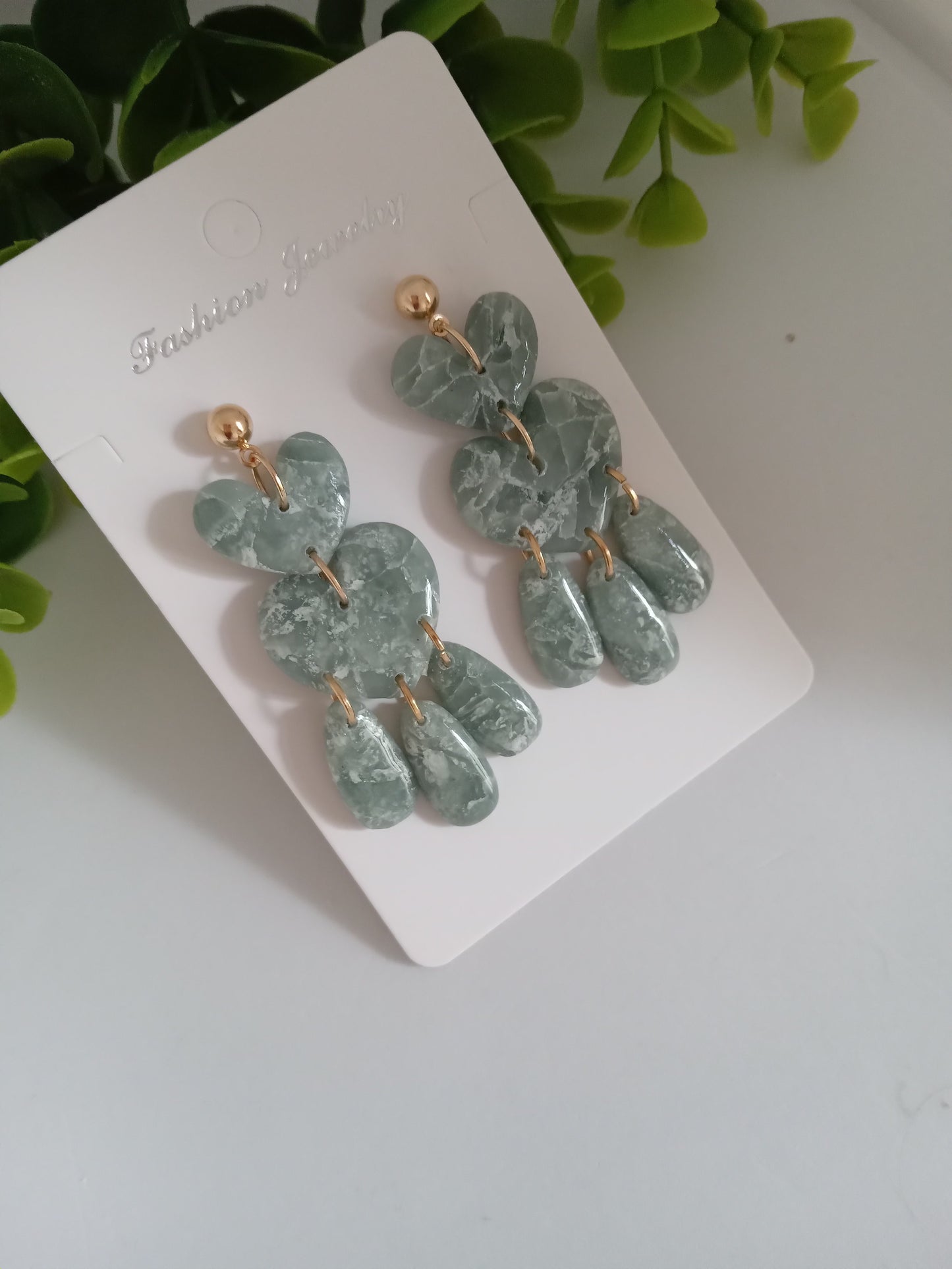 Green Marble Heart Dangle Earrings - Lightweight Clay Statement Jewelry