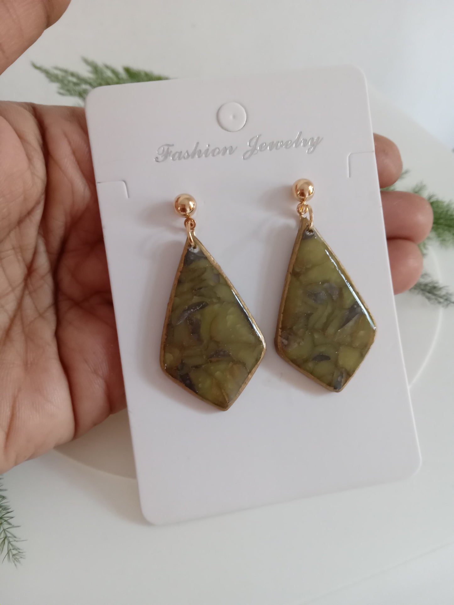 Handmade Green Marble Statement Drop Earrings – Lightweight Geometric Jewelry for Women, Elegant Everyday or Party Wear