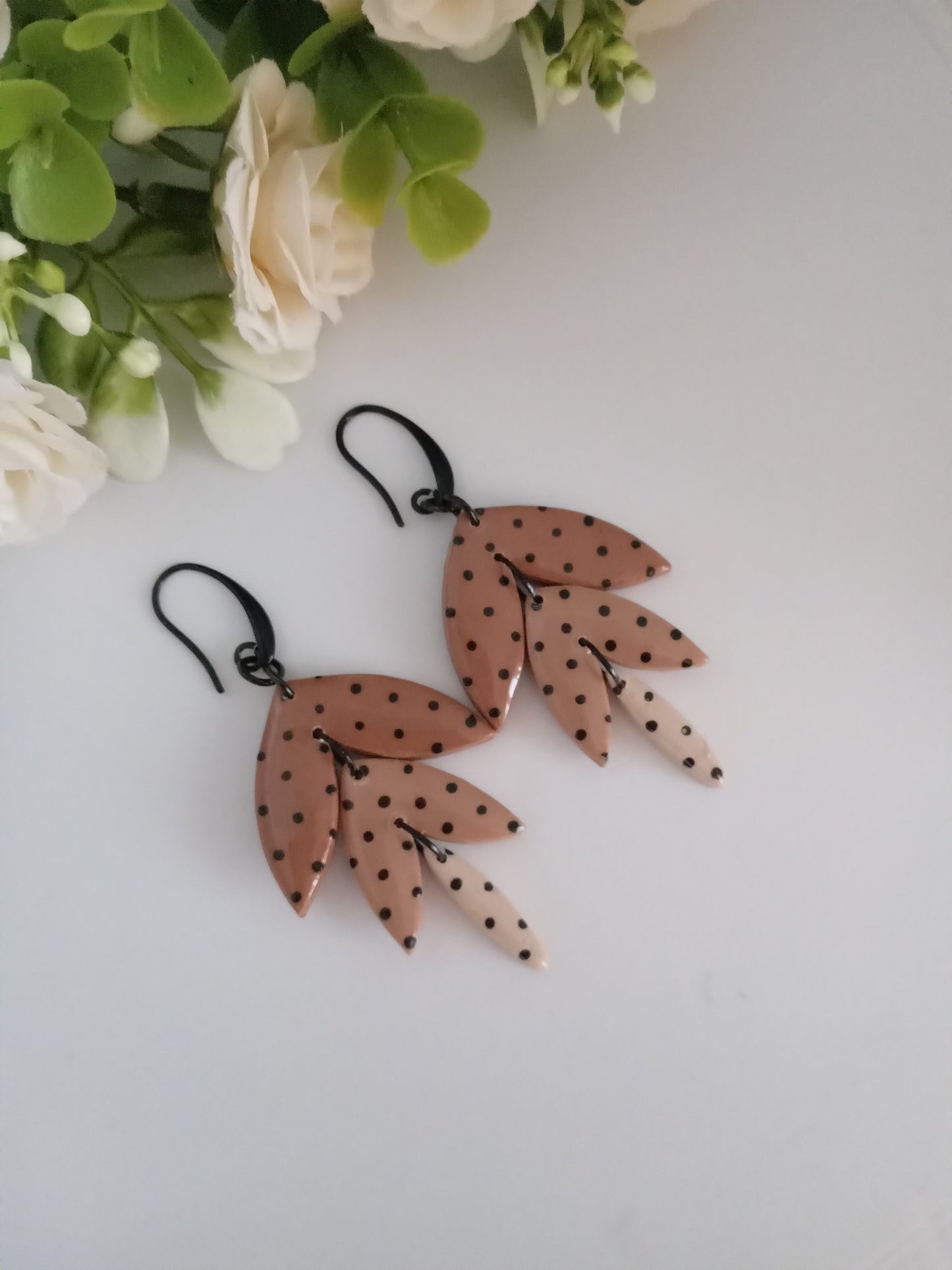 Polka Dot Leaf Dangle Earrings - Handmade Polymer Clay Jewelry