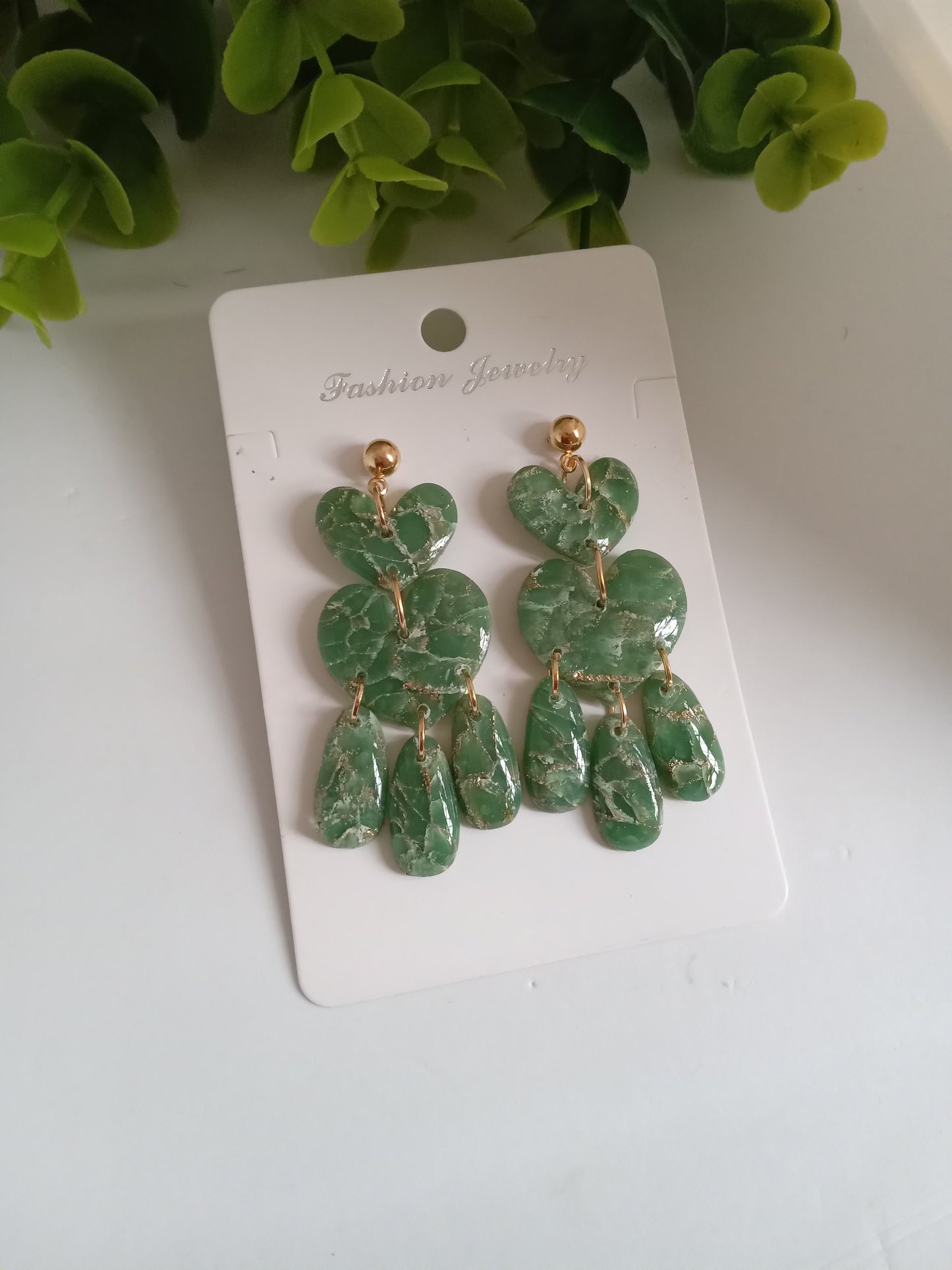Green Marble Statement Dangle Earrings – Handmade Lightweight Drop Earrings for Women, Elegant Boho Jewelry Gift