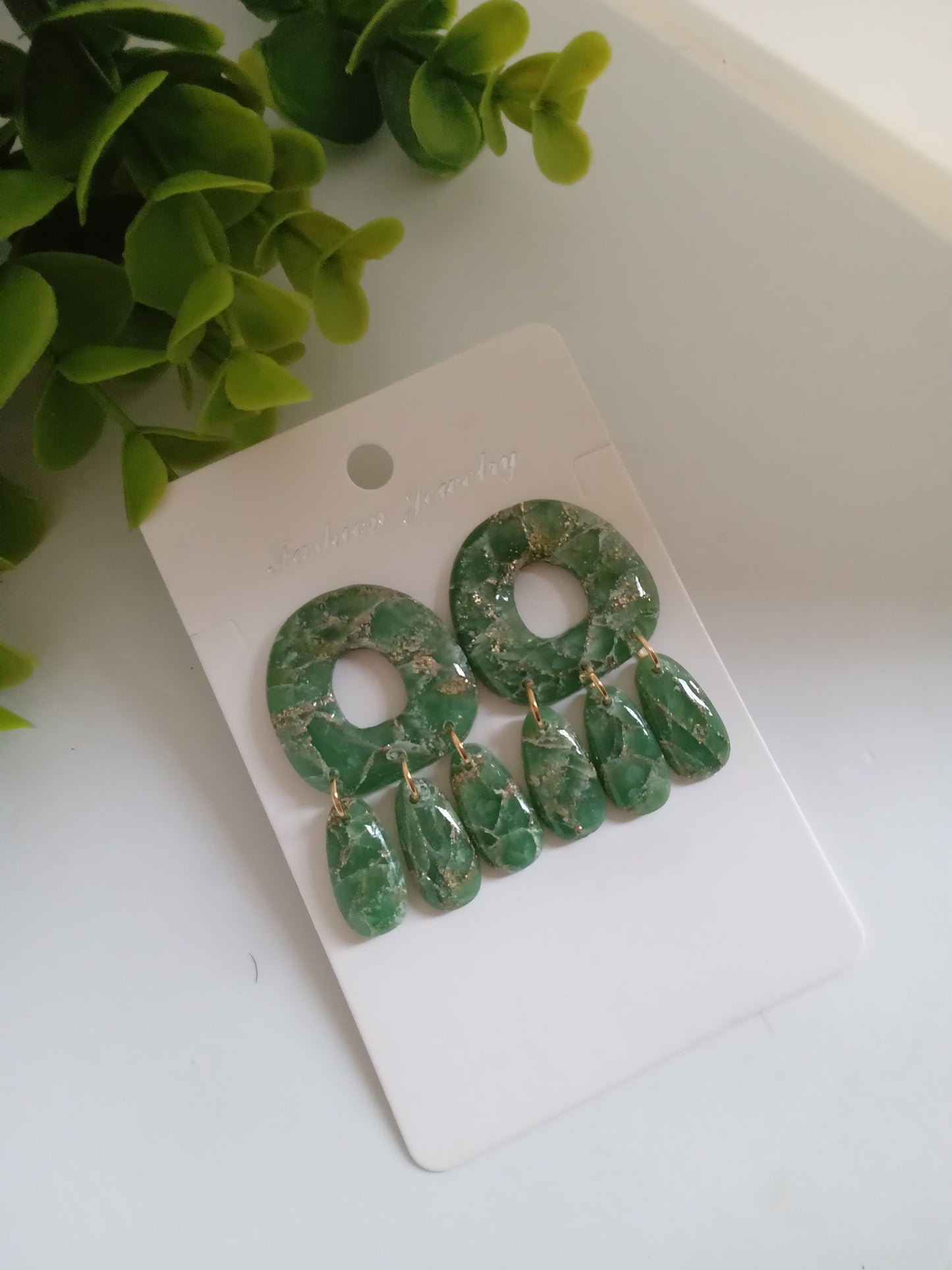 Green Marble Statement Dangle Earrings – Handmade Lightweight Drop Earrings for Women, Elegant Boho Jewelry Gift