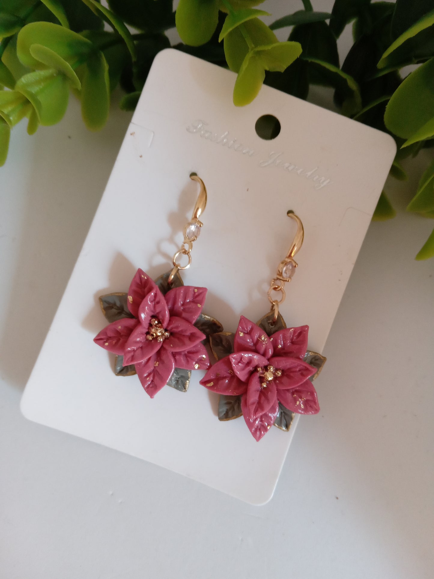 Christmas pink Poinsettia Flower Earrings – Handmade Holiday Dangle Earrings, Festive Floral Jewelry Gift for Women