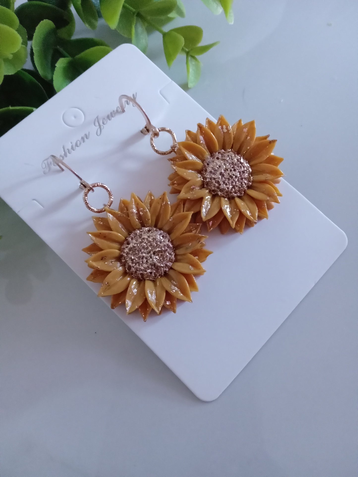 Handmade Sunflower Polymer Clay Earrings – Yellow & Gold Foil Floral Dangle Earrings, Lightweight Statement Jewelry for Women