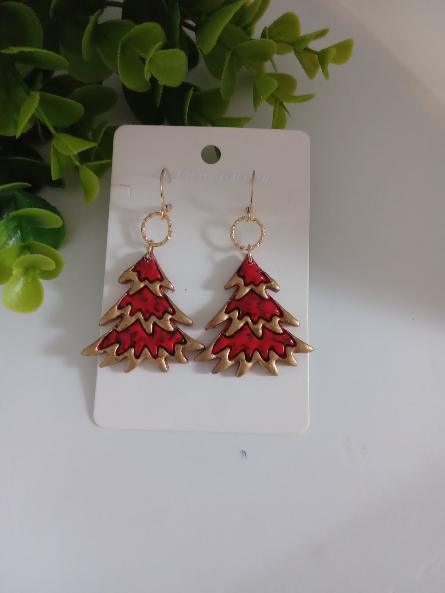 Bold Christmas Tree Earrings with Gold Foil- Handmade Holiday Jewelry for Women
