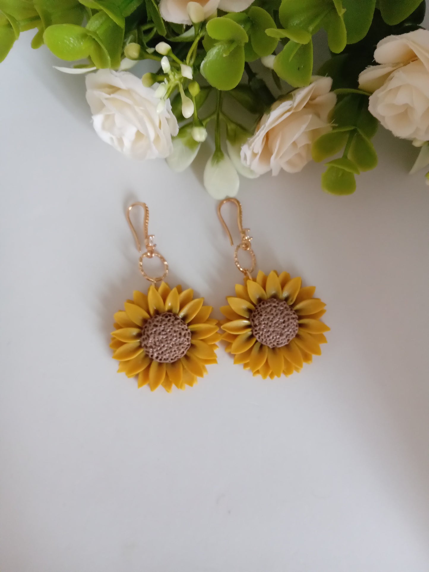 Sunflower Dangle Earrings - Handmade Yellow Clay Flower Jewelry