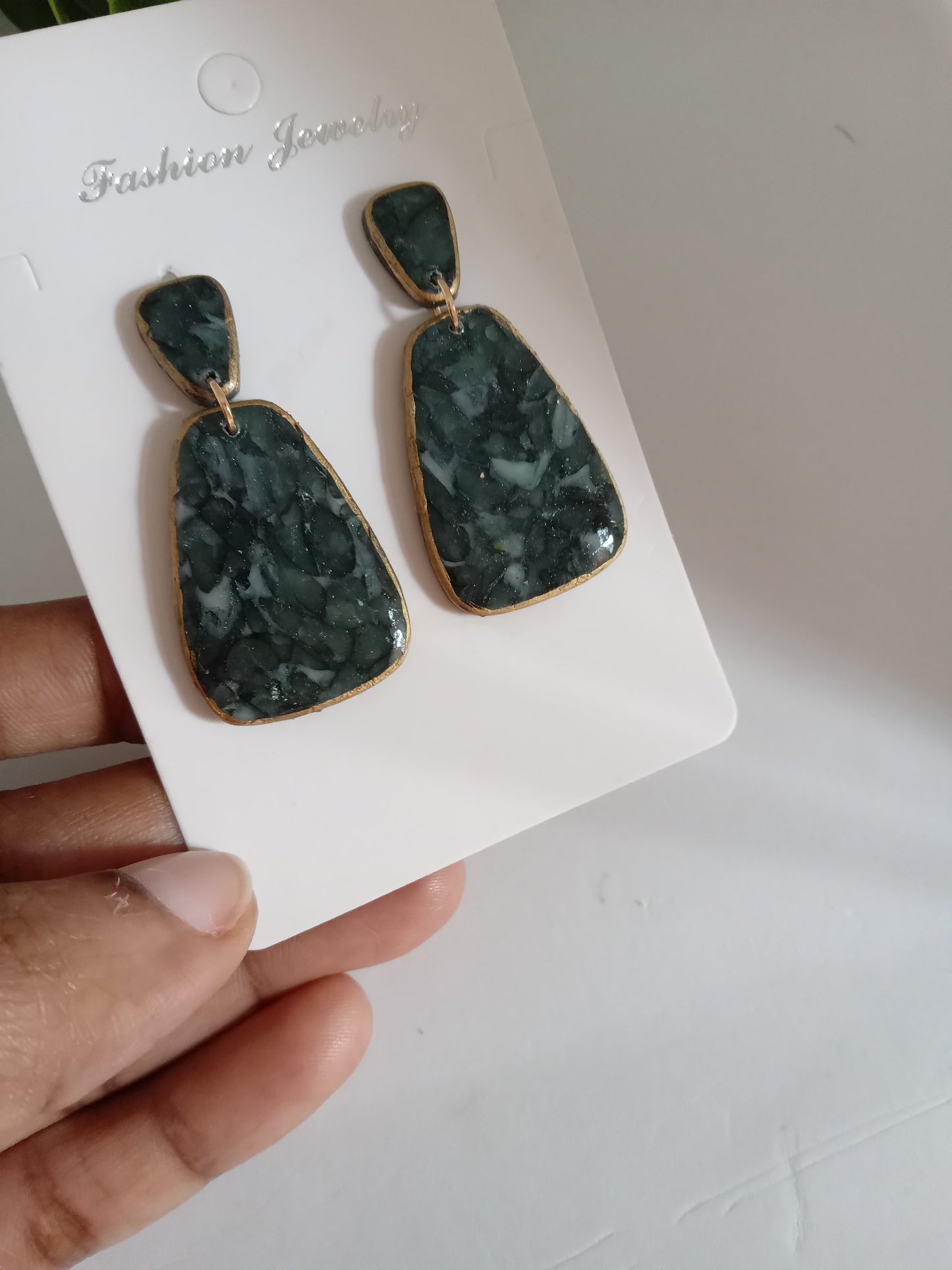 Handmade Dark Green Stone Diamond Drops Earrings - Lightweight Statement Earrings