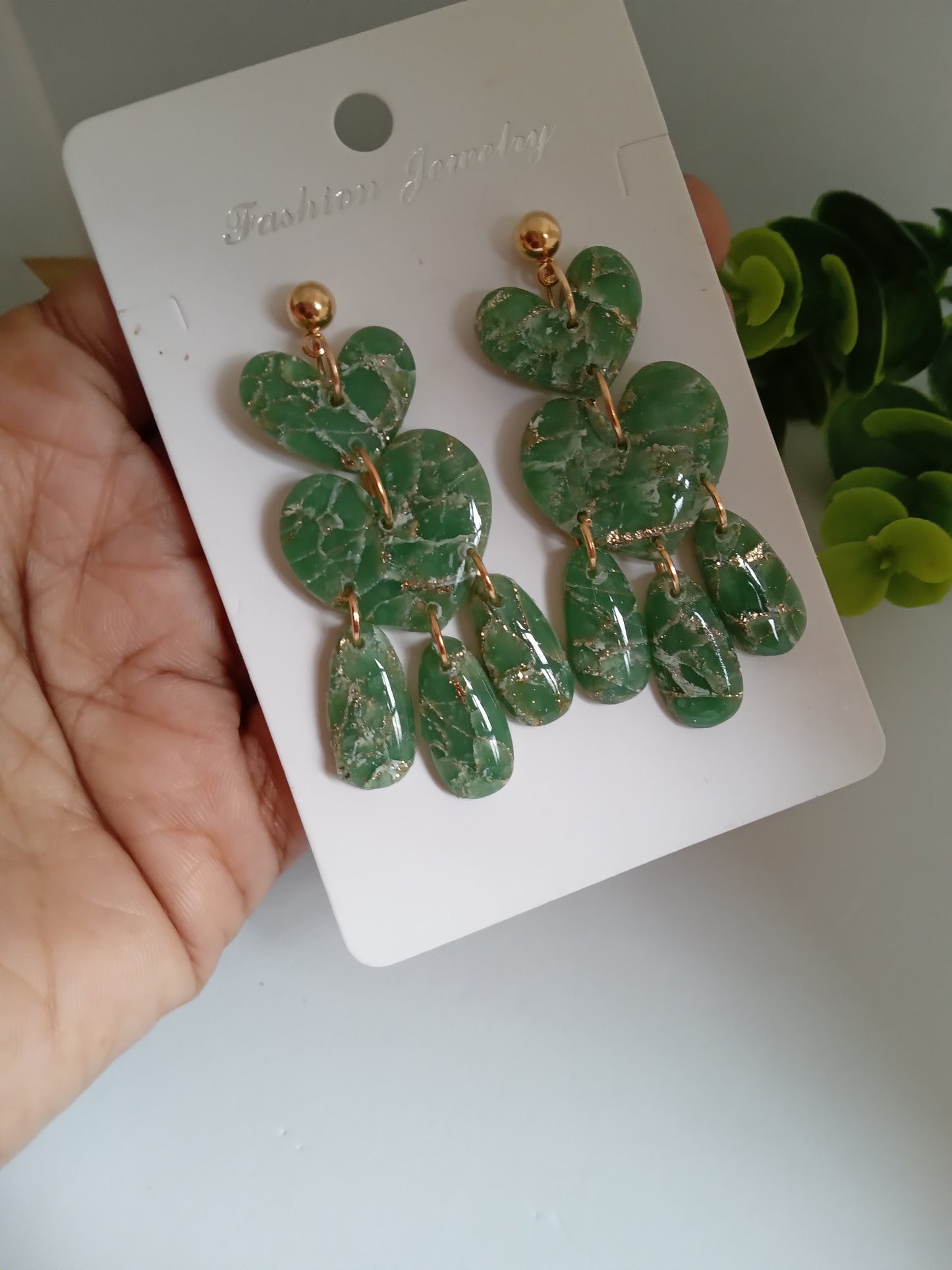 Green Marble Statement Dangle Earrings – Handmade Lightweight Drop Earrings for Women, Elegant Boho Jewelry Gift