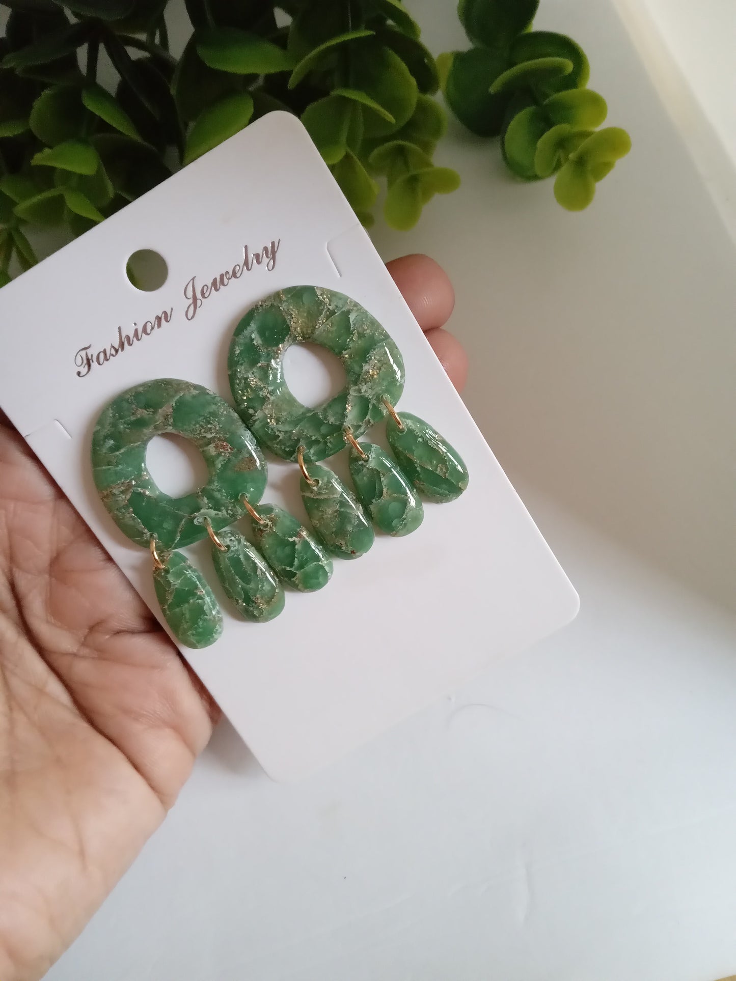 Green Marble Statement Dangle Earrings – Handmade Lightweight Drop Earrings for Women, Elegant Boho Jewelry Gift