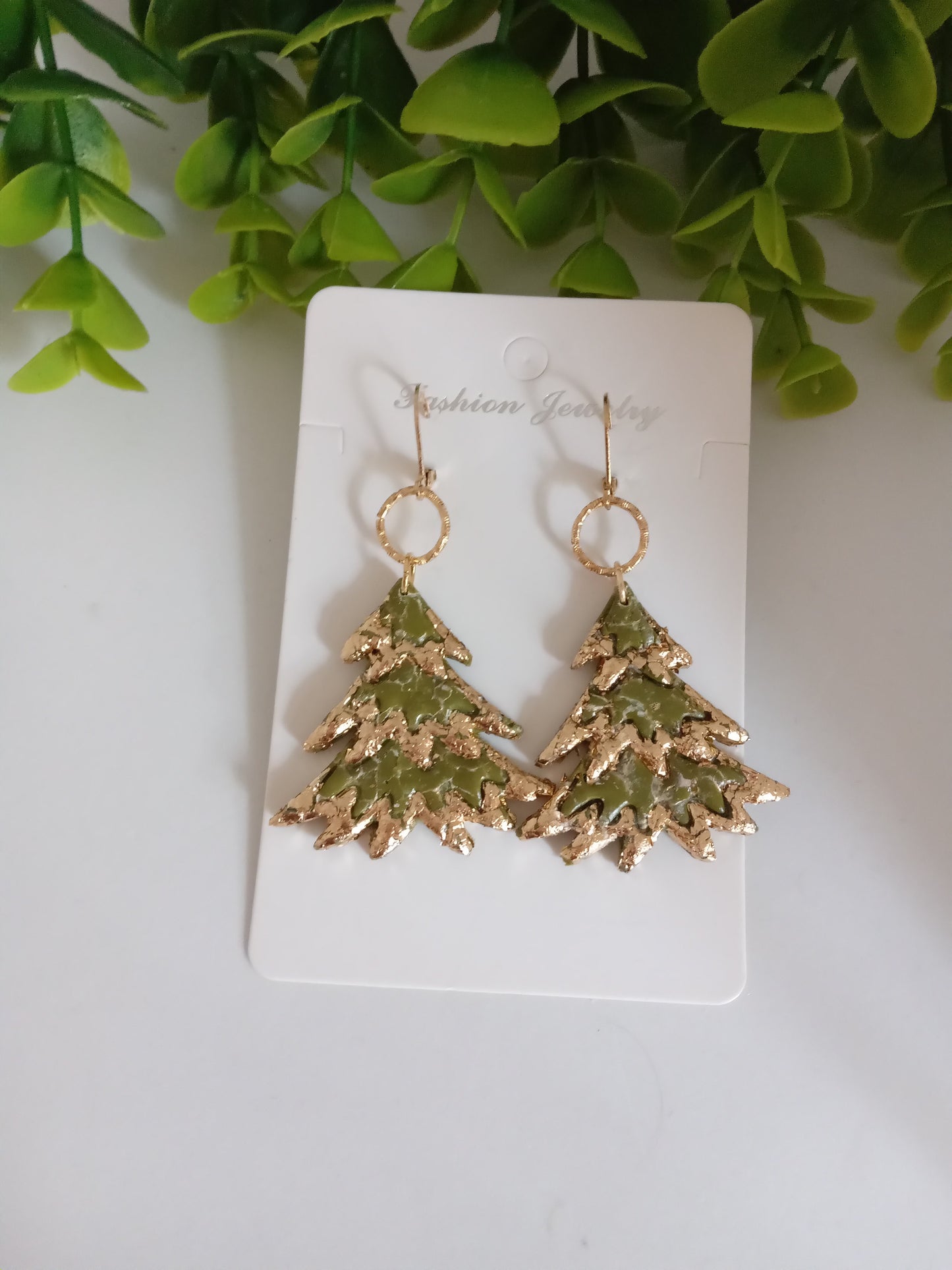 Bold Christmas Tree Earrings with Gold Foil- Handmade Holiday Jewelry for Women