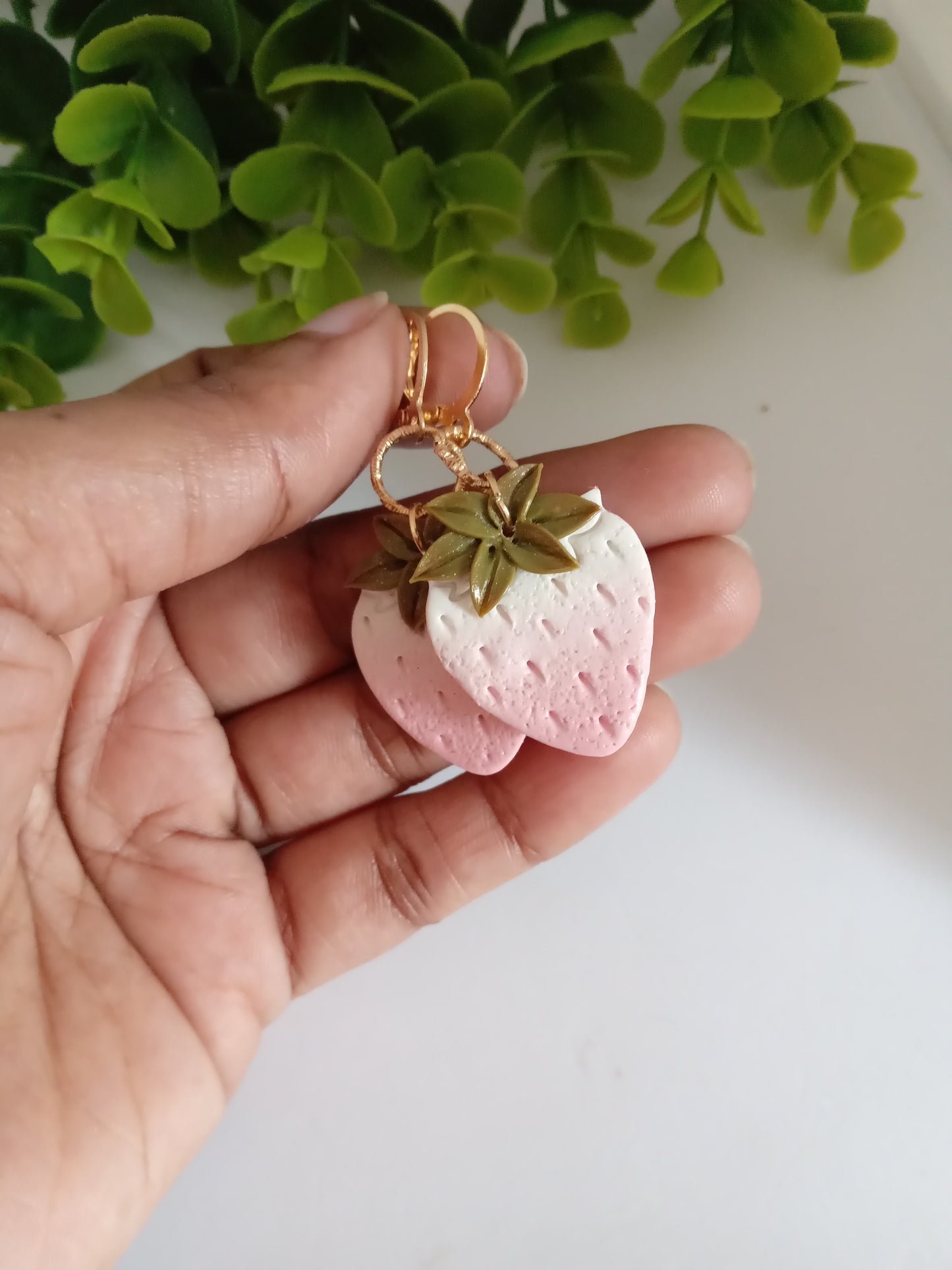 Handmade Dangle Strawberry Earrings - Pink White Polymer Clay Fruit Jewelry for Women
