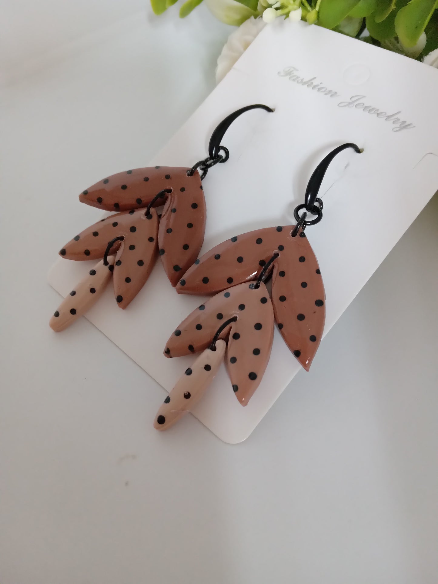 Polka Dot Leaf Dangle Earrings - Handmade Polymer Clay Jewelry