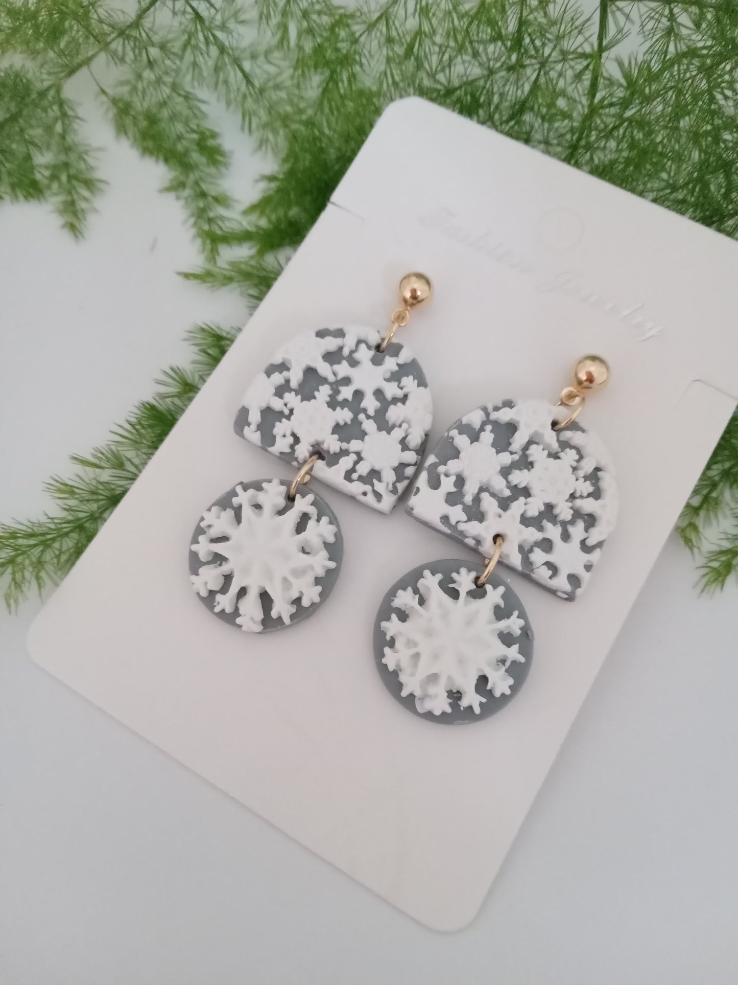 Snowflake Earrings - Winter Polymer Clay Drop Earrings/Handmade Holiday Jewelry
