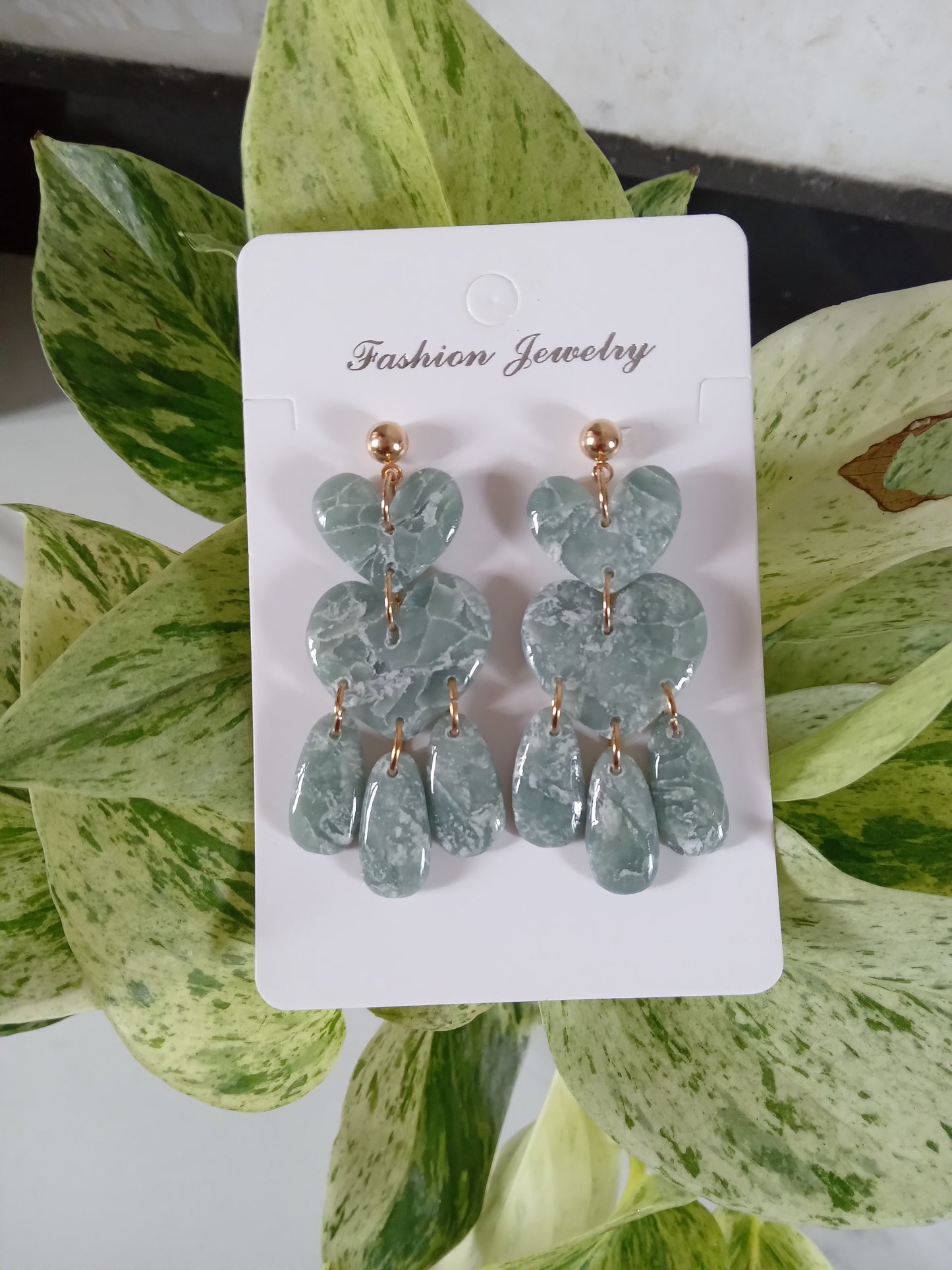 Green Marble Heart Dangle Earrings - Lightweight Clay Statement Jewelry