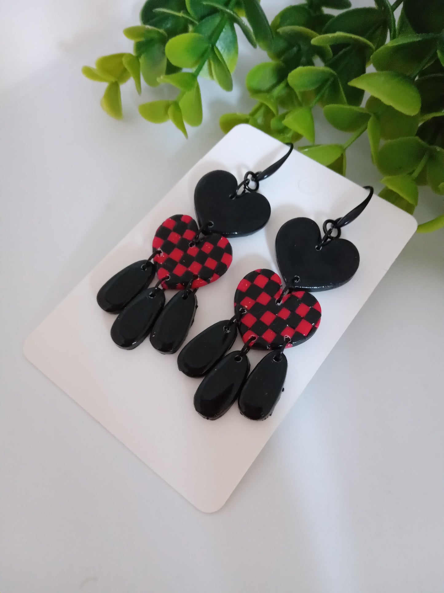 Polymer Clay Earrings Handmade - Bold Red Black Heart Statement Dangles for Her