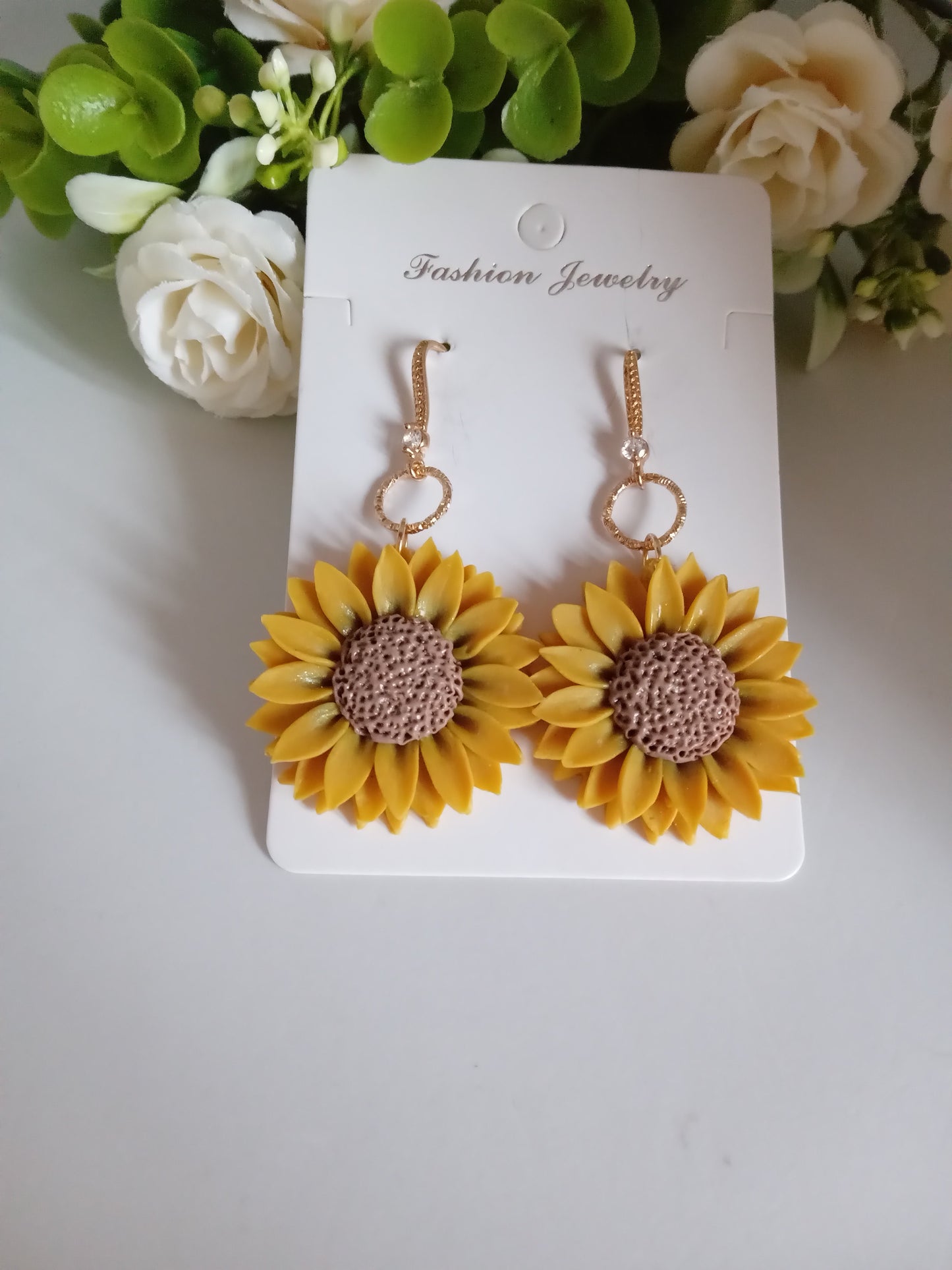 Sunflower Dangle Earrings - Handmade Yellow Clay Flower Jewelry